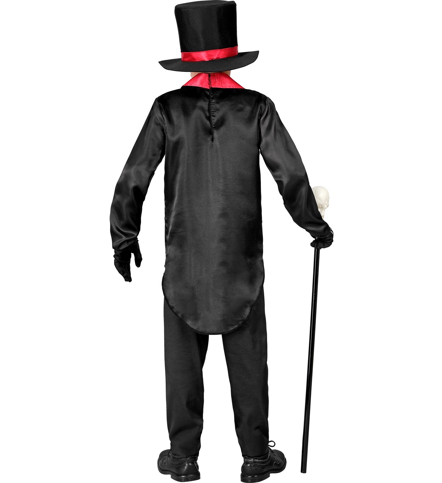 A back view of a child in a Dia De Los Muertos costume, showing the black tailcoat, pants with a skeleton print, and a top hat.