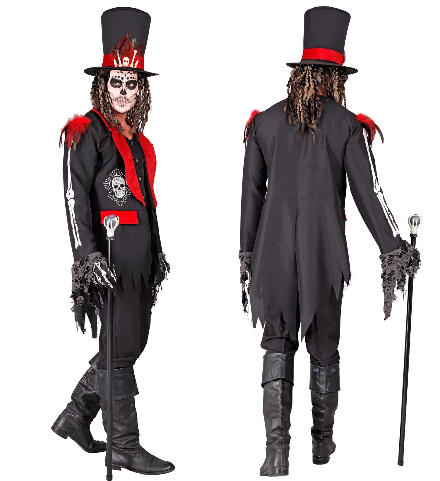 A split image showing a side profile and back view of a person in a Voodoo-themed Dia De Los Muertos costume, holding a cane. The costume features a tattered black jacket with a red lapel, a top hat, and long dreadlocked hair.