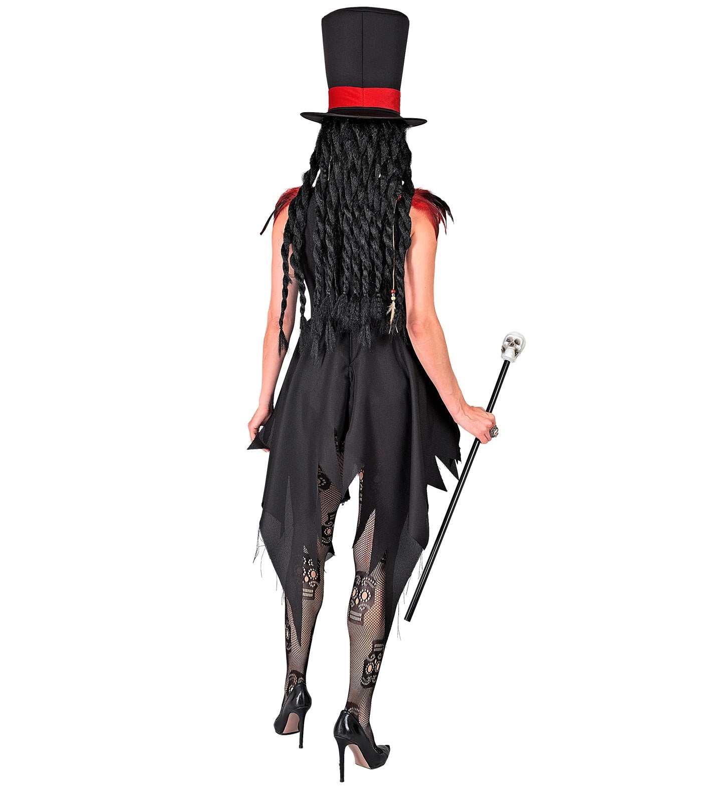 A back view of a person in a Voodoo-themed Dia De Los Muertos costume. The costume includes a tattered black dress, a black top hat with a red band, and skeleton-themed fishnet tights.