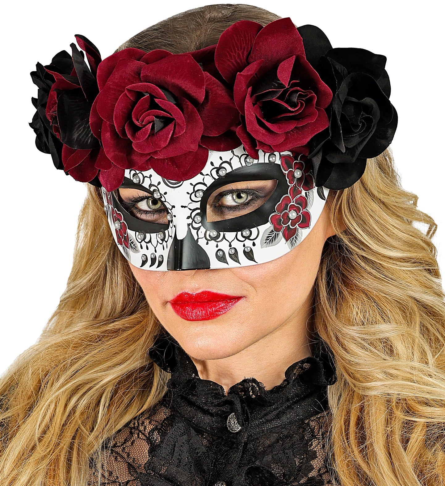 A close-up of a woman wearing a beautiful sugar skull eyemask with a crown of black and burgundy roses.