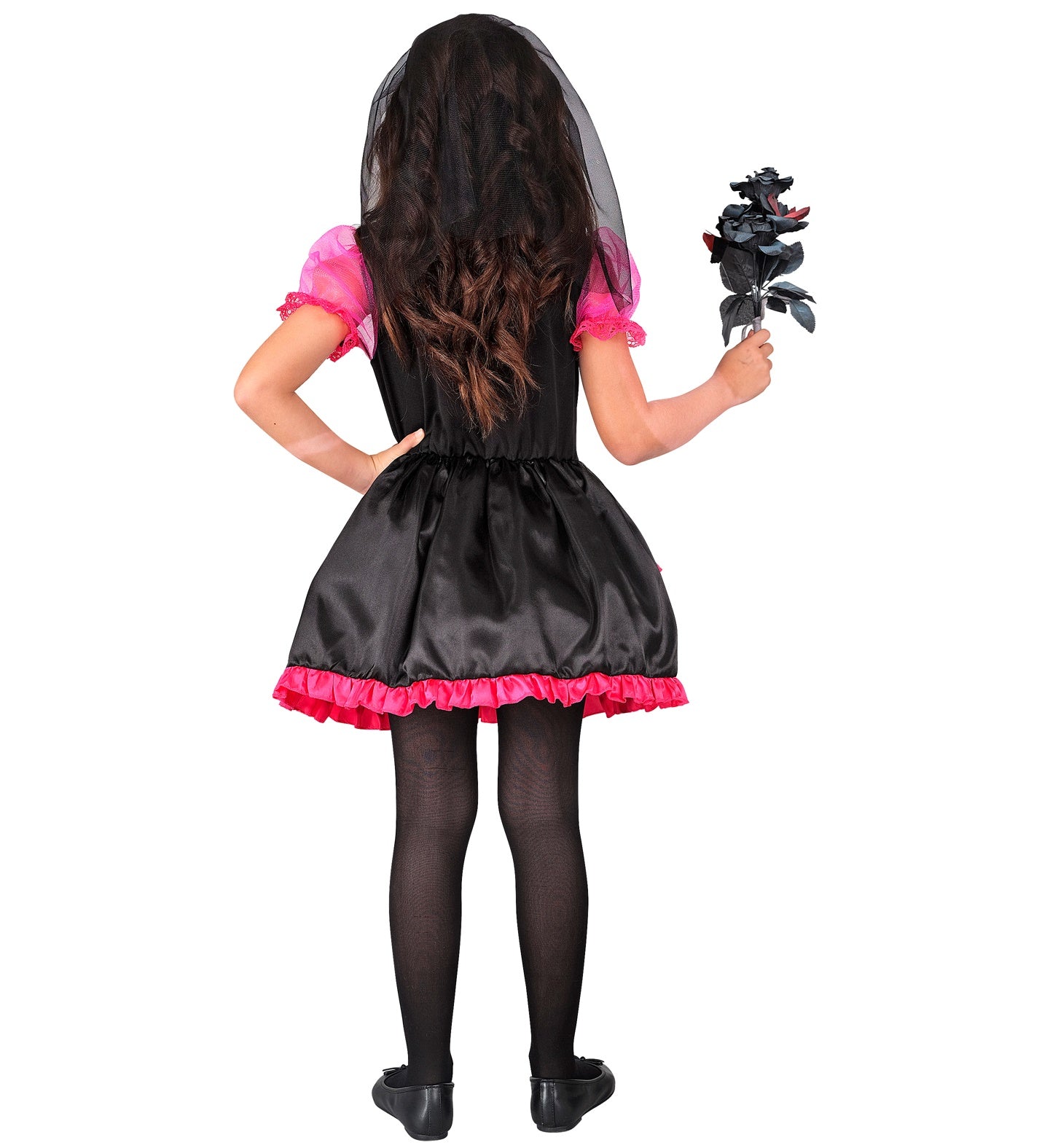 Back view of a girl wearing the Day of the Dead costume, showing the black satin-like back of the dress and pink ruffle trim.