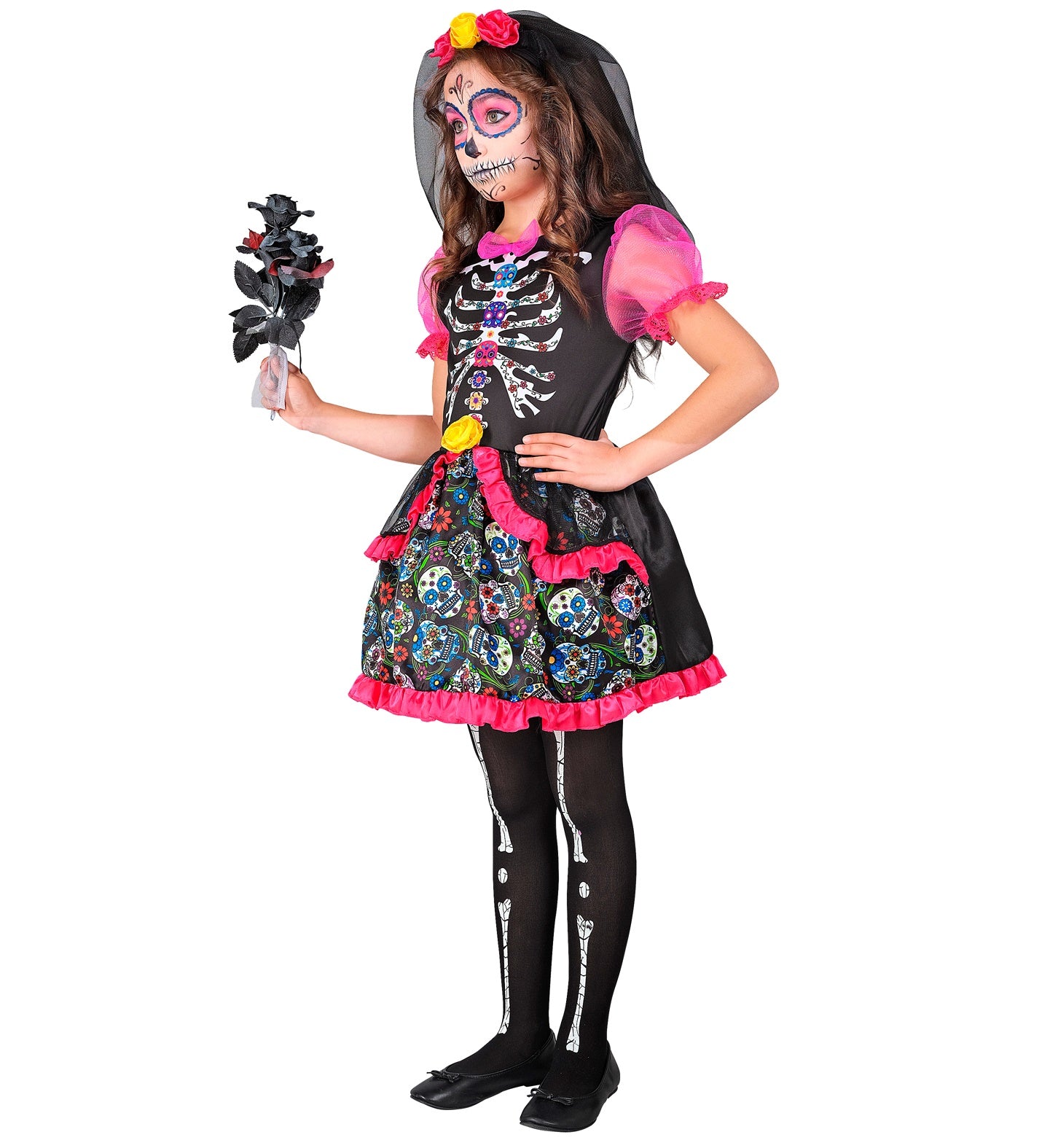 Side profile of a girl in the sugar skull Halloween costume, holding a black flower and showing the colourful skirt and face paint details.