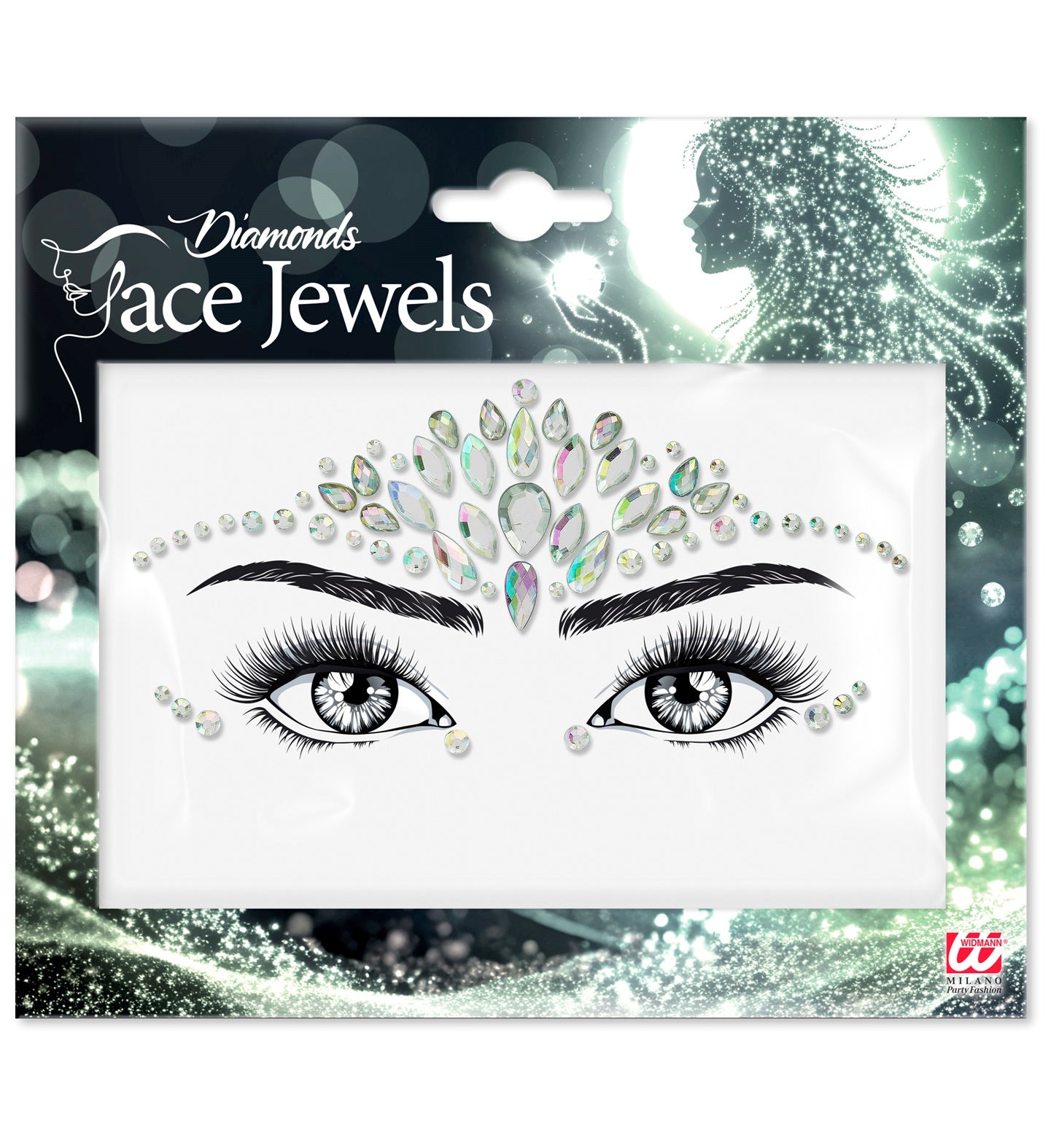 Packaged Diamonds Face Jewels self-adhesive set showing the forehead crown and eye accent pieces on a white background