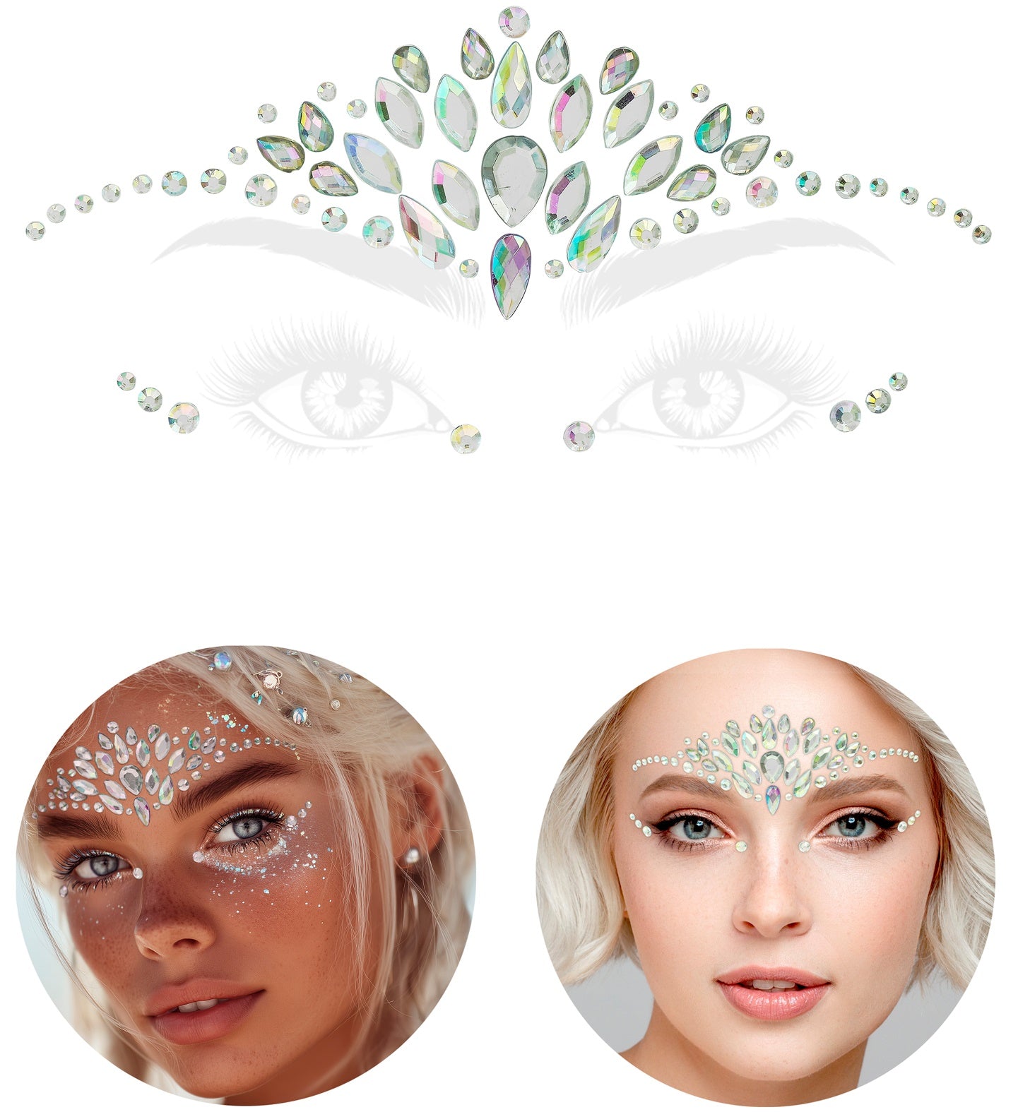 The complete Diamonds Face Jewels self-adhesive set showing the forehead crown and eye accent pieces.