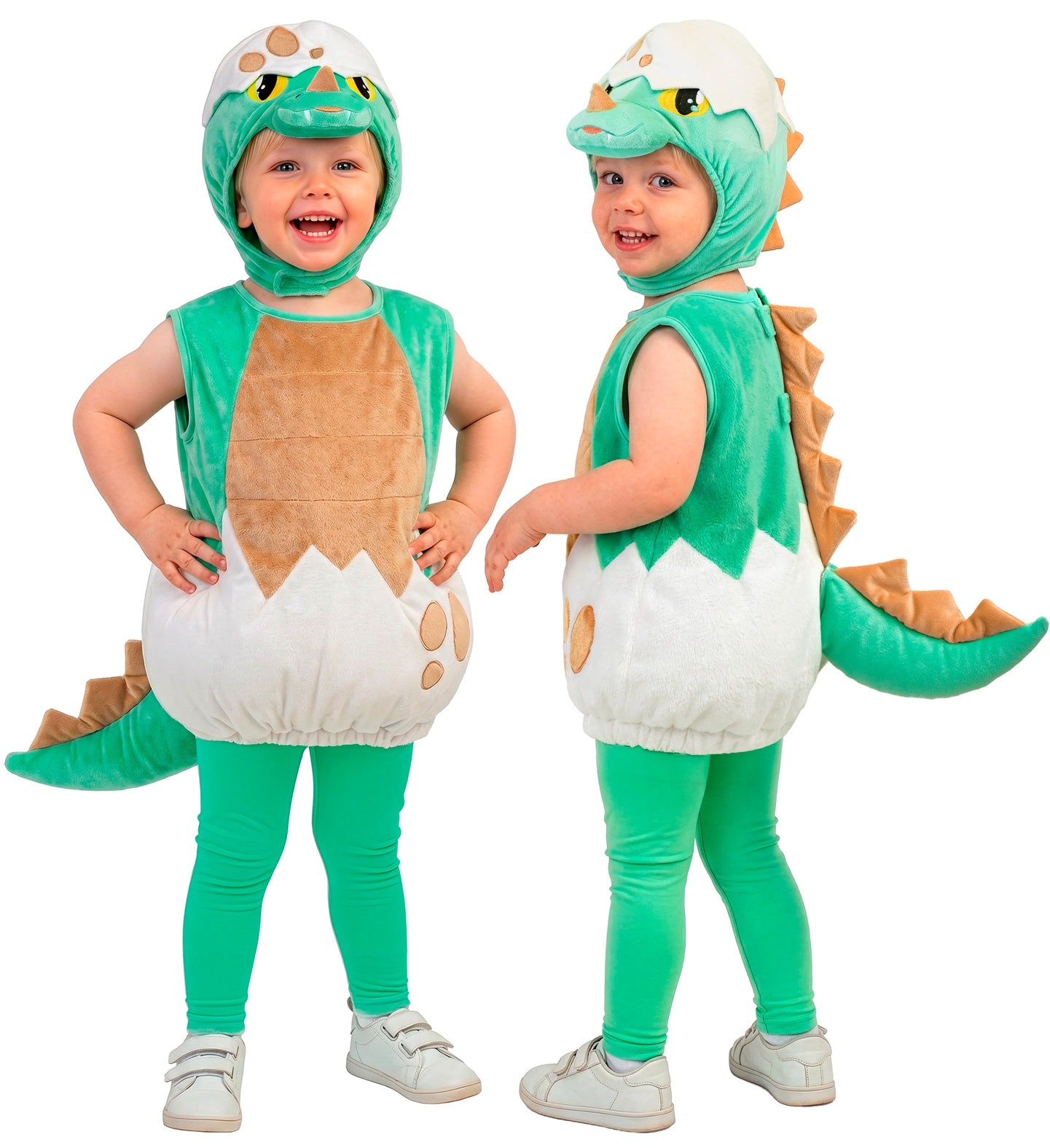 Two views of a child standing in a green baby dinosaur outfit; the front shows the eggshell tunic with a brown belly, while the side view highlights the padded, spiked tail.