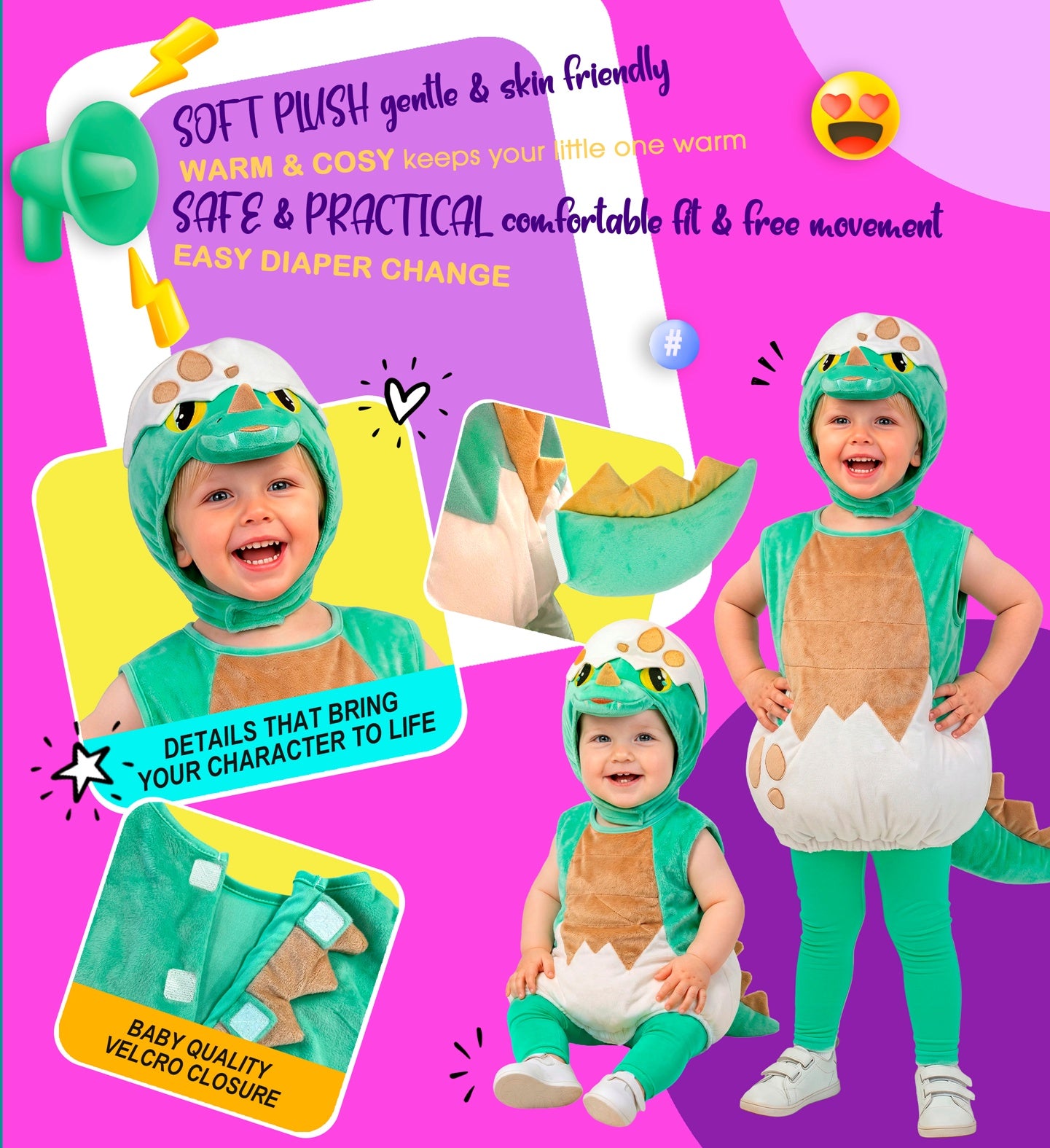 A vibrant pink infographic highlighting details of the infant dinosaur costume, including soft plush fabric, a baby-quality velcro closure, a detachable padded tail, and easy diaper change access.