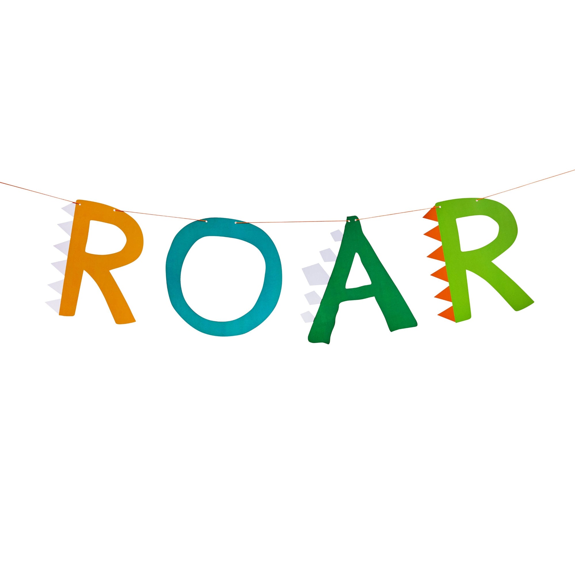 Colorful ROAR bunting for a dinosaur party, featuring spiked letters in orange, teal, and green on a thin orange string.