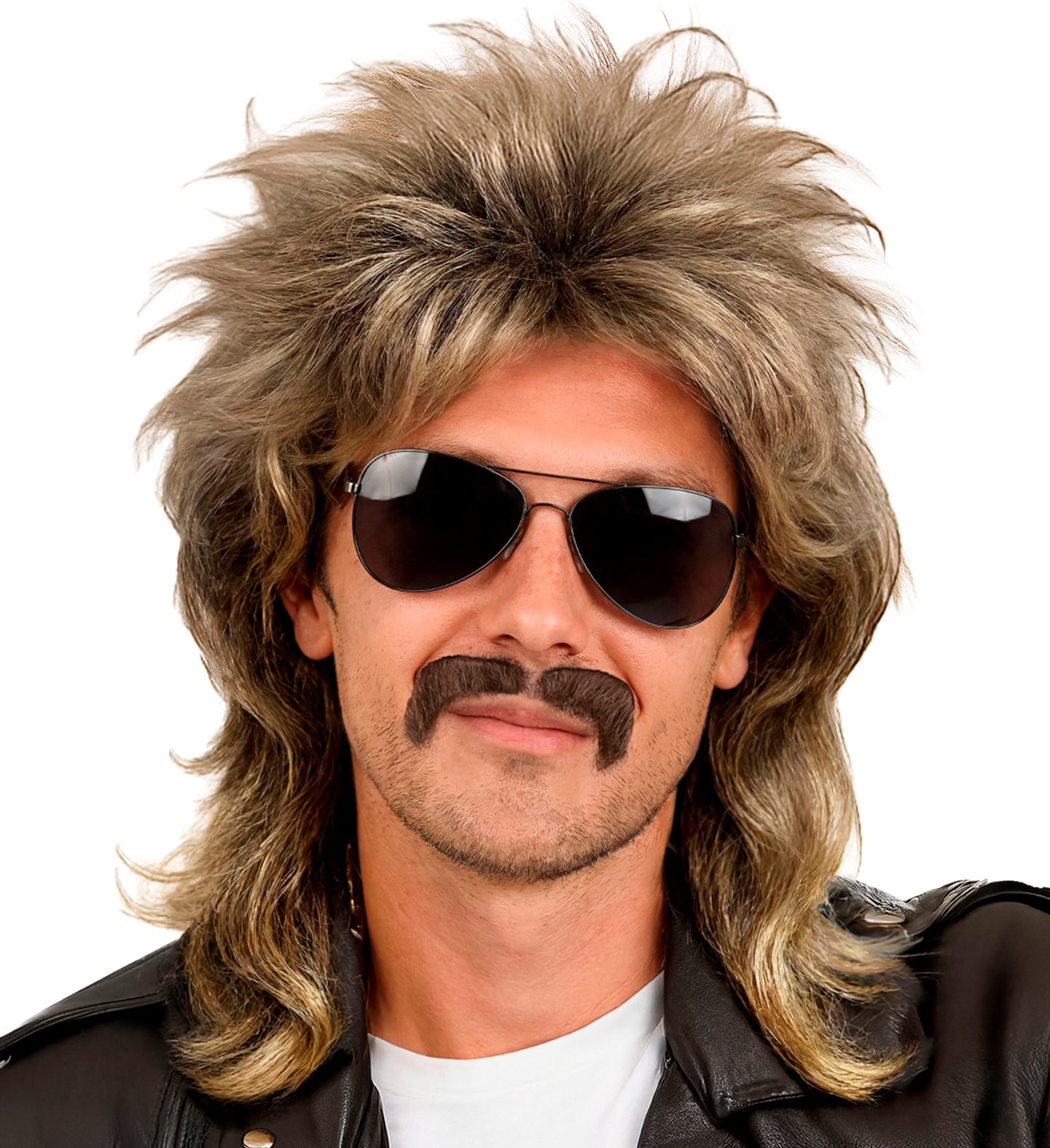 A man modeling a voluminous dirty blonde mullet wig and matching moustache accessory, paired with dark aviator sunglasses and a black leather jacket.