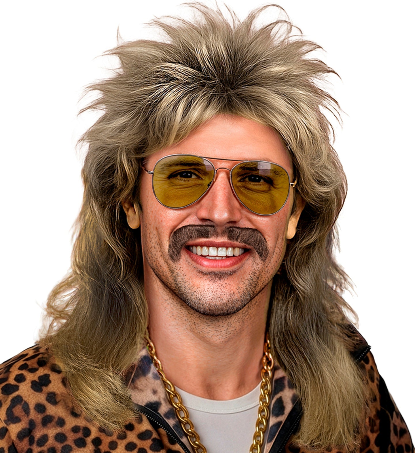 A man wearing a dirty blonde mullet wig and thick stick-on moustache, styled with yellow-tinted aviator sunglasses, a gold chain, and a leopard print jacket for a retro 80s look.