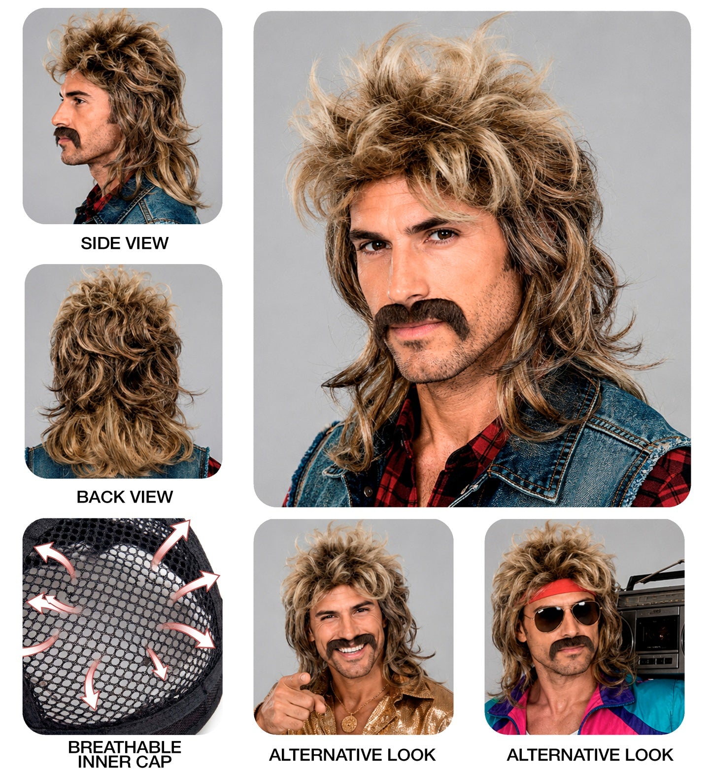 A multi-view graphic of a dirty blonde mullet wig and moustache set, showing the side view, back view with layered hair, a close-up of the breathable inner mesh cap, and alternative styling with a red sweatband or gold chain.