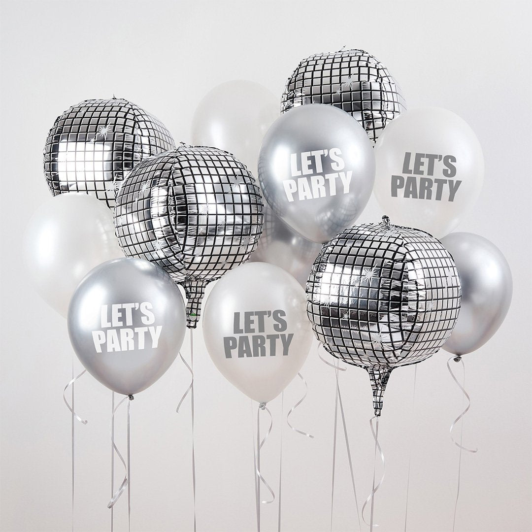 A cluster of silver and white balloons, including disco ball-patterned round balloons and oval balloons printed with the text 'LET'S PARTY' in bold gray letters, set against a plain light gray background.