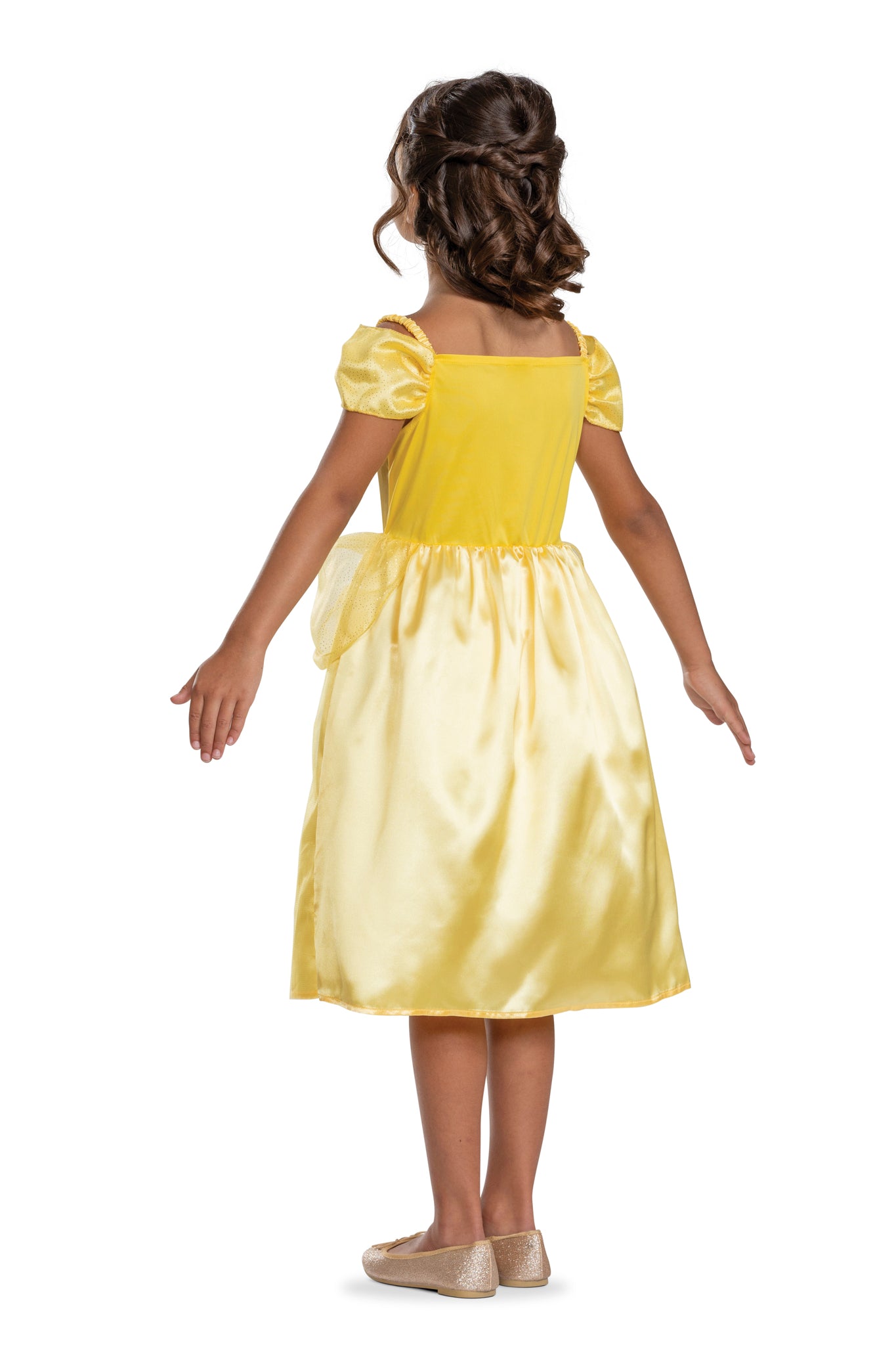 Back view of the Belle classic costume showing the satin-look skirt and comfortable off-the-shoulder sleeve design.
