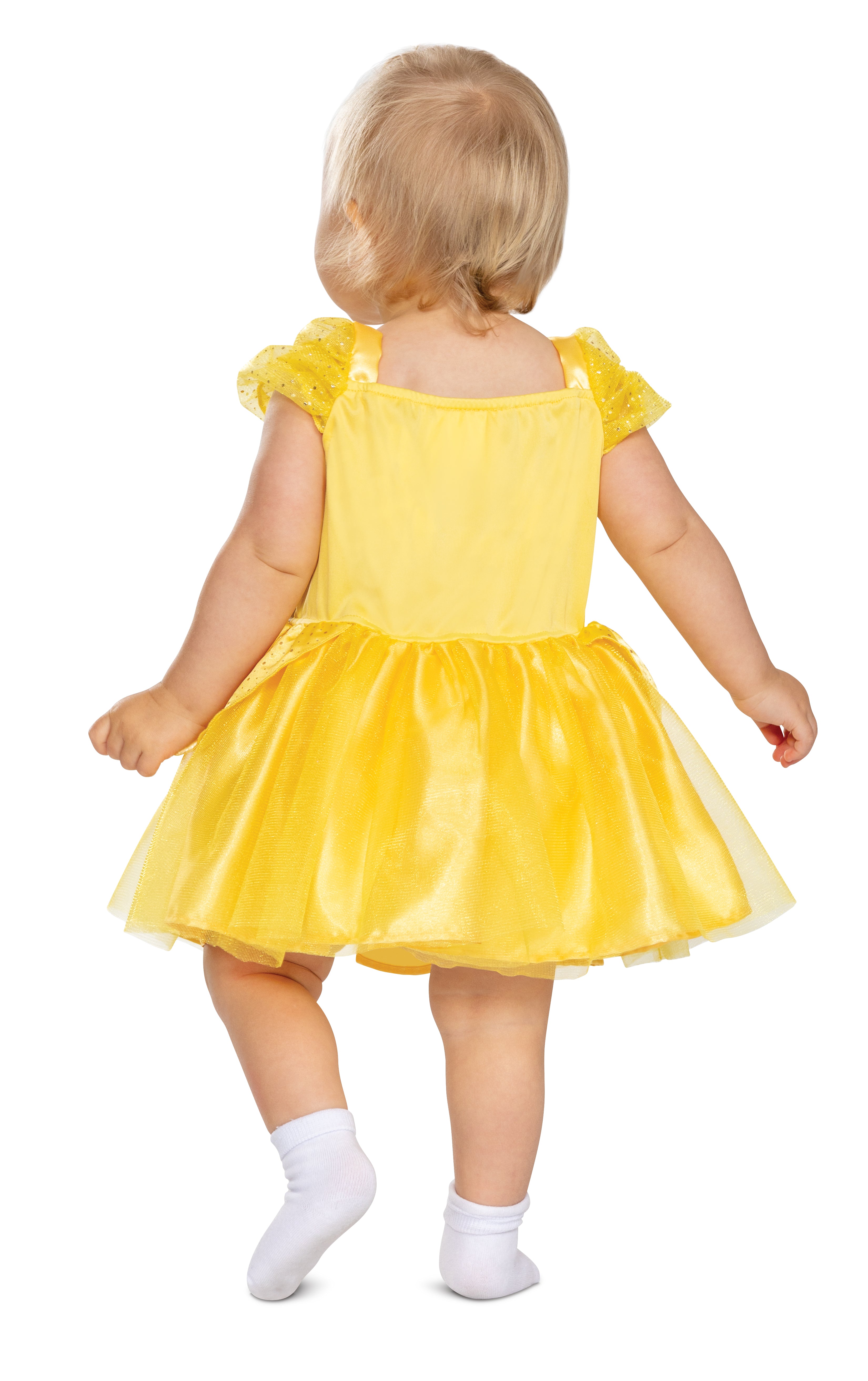 Back view of the toddler Belle costume showing the simple, comfortable yellow bodice and the layers of the golden tulle skirt.
