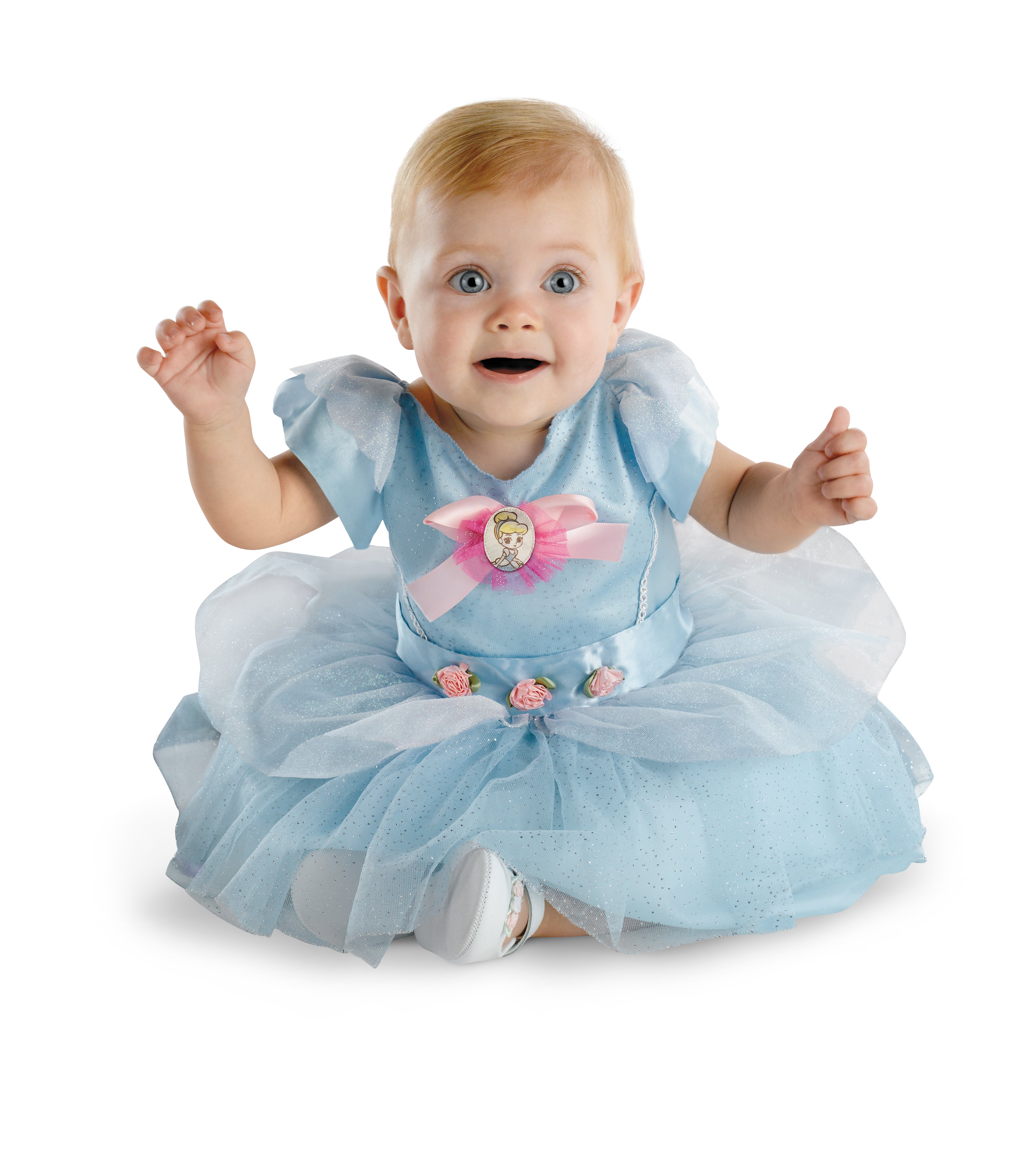A front-facing view of a toddler's classic blue Disney Cinderella fancy dress costume, featuring a sparkling tulle skirt, pink fabric roses at the waist, and a Cinderella character cameo on the bodice.