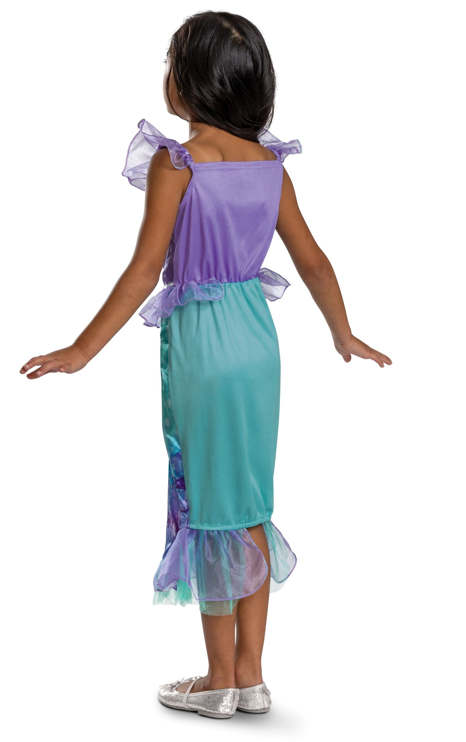 The back view of an officially licensed The Little Mermaid Ariel fancy dress costume on a model, showing the simple one-piece design with a solid purple back and teal skirt with a sheer ruffled hem.