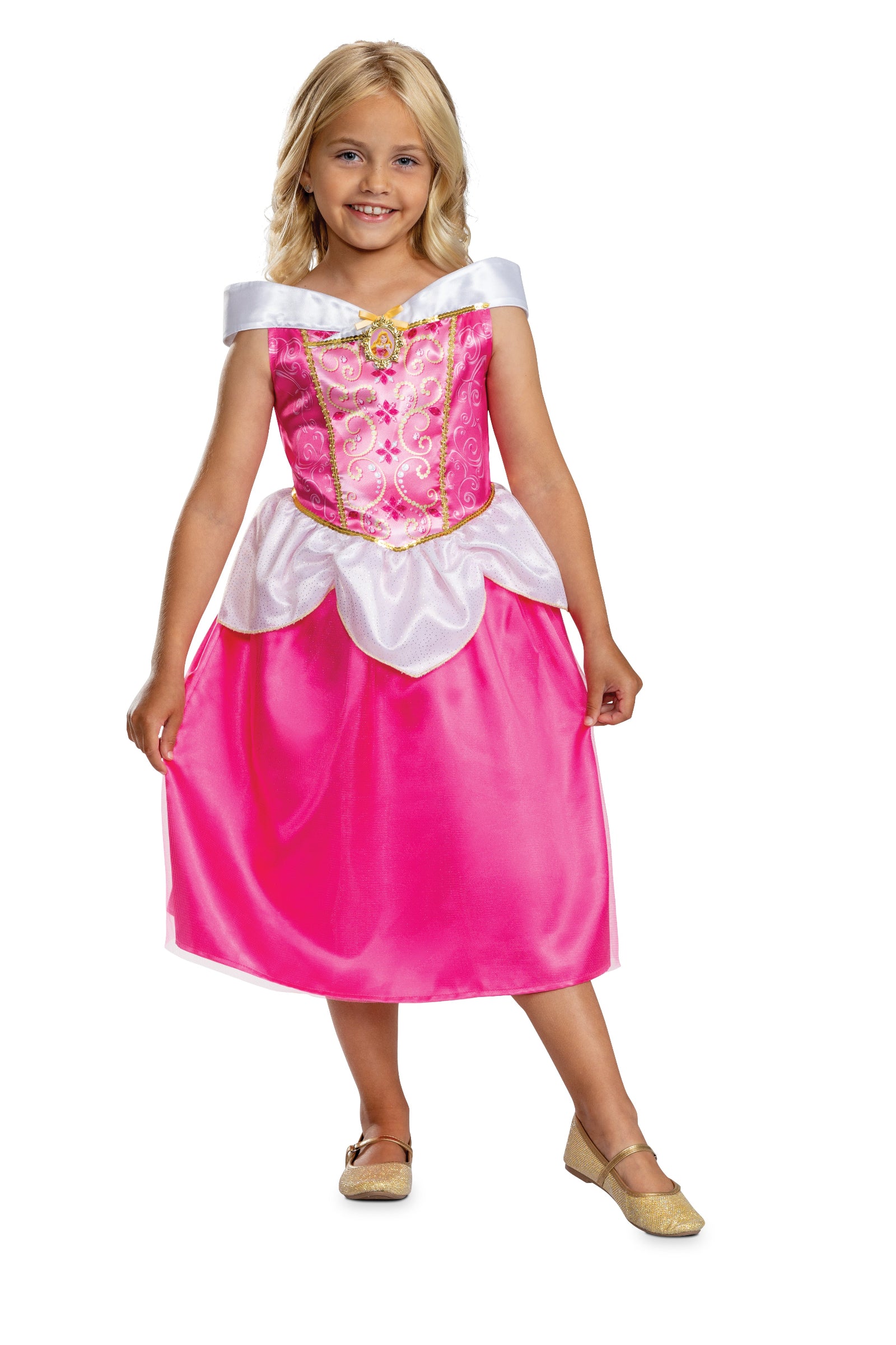 A model wearing an officially licensed Disney Princess Aurora costume featuring a bright pink dress with gold bodice detailing, a white off-the-shoulder collar, a character cameo, and a sparkly white peplum.