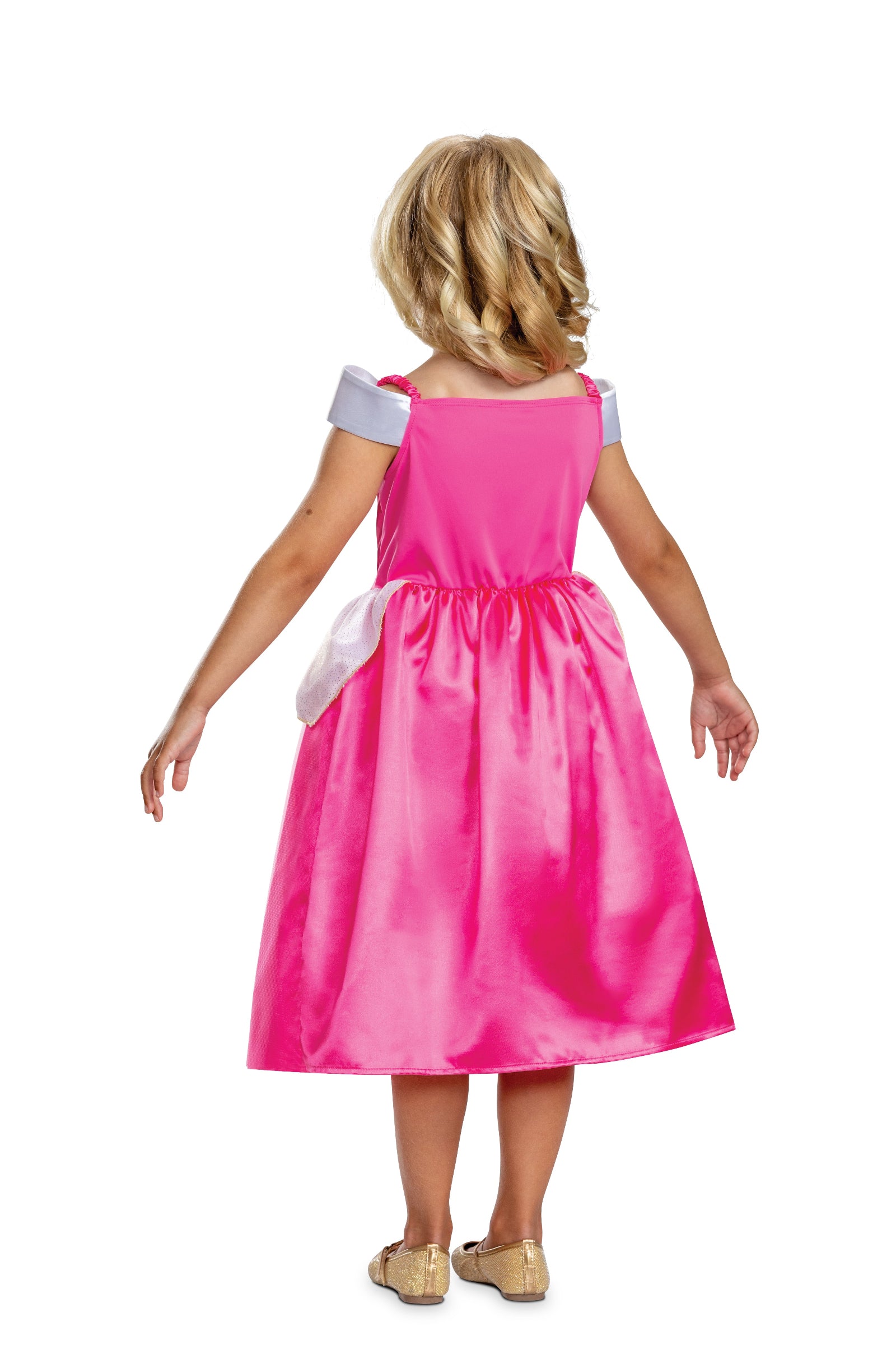 The back view of an officially licensed Sleeping Beauty Aurora fancy dress costume on a model, showcasing the bright pink satin-style skirt, white collar details, and simple one-piece design.