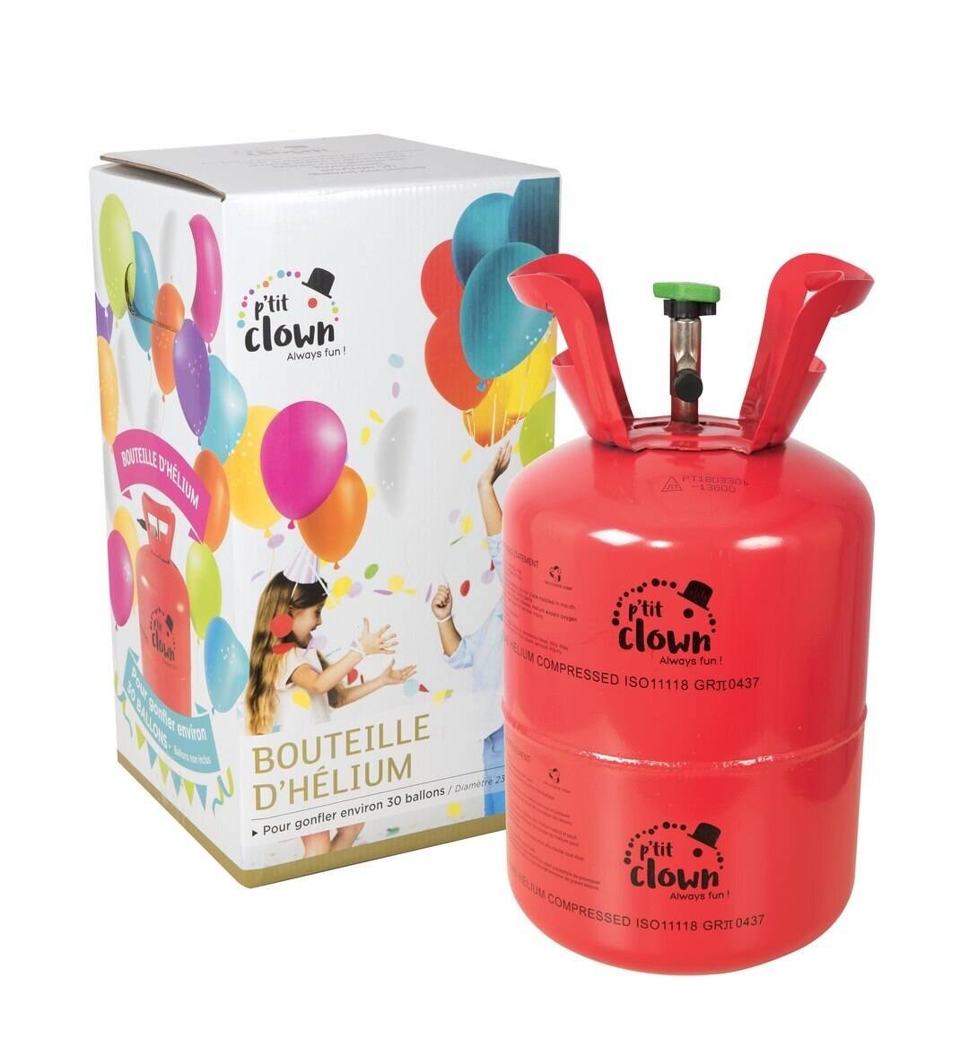 A red disposable helium canister next to its box, showing instructions and the capacity to inflate 30 balloons.