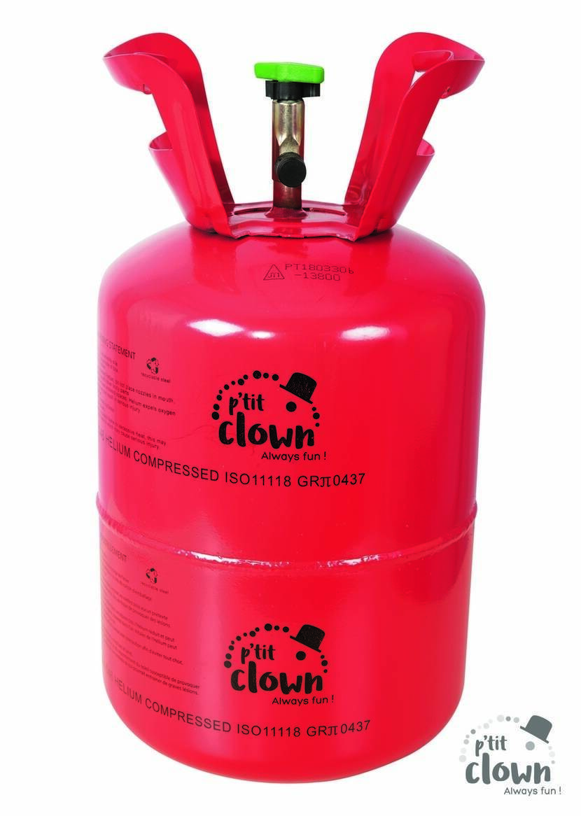 A close-up of the red disposable helium tank, showing the nozzle and carry handle.