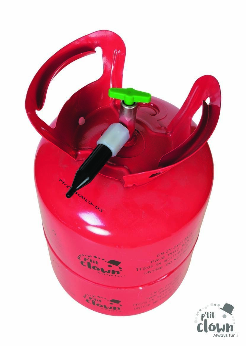 A overhead view of the red disposable helium tank, showing the nozzle and carry handle.