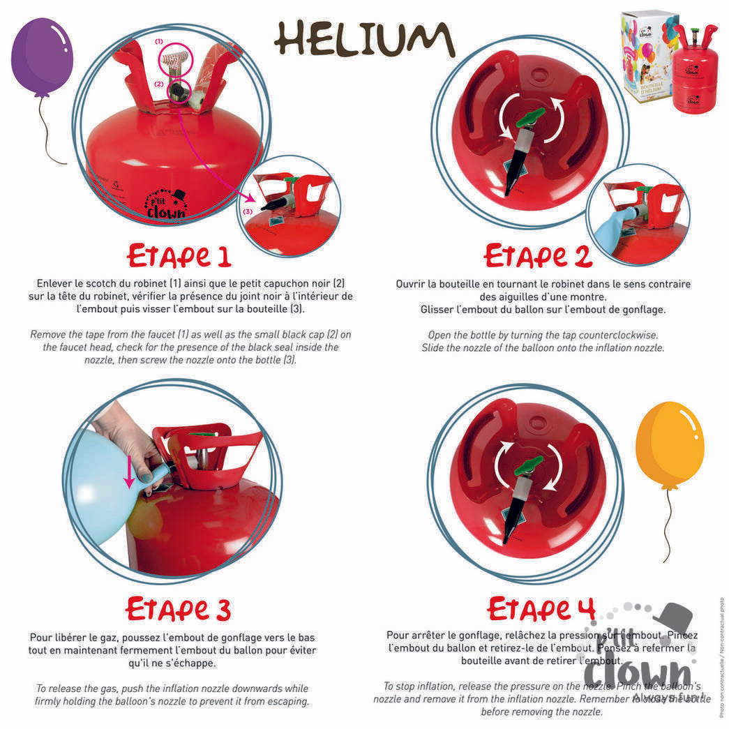 A diagram showing the capacity and instructions for using the disposable helium tank.
