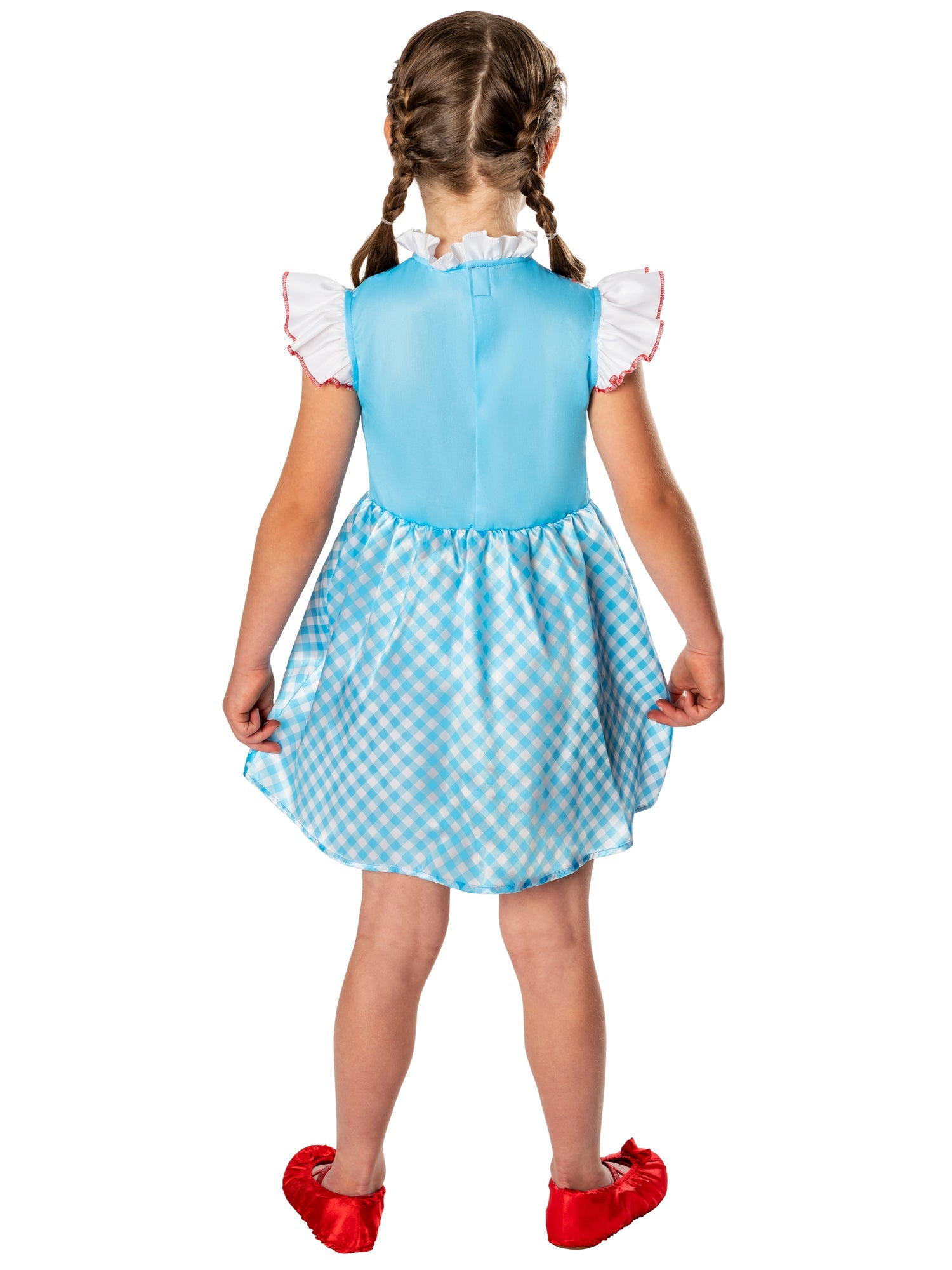 The back of the Dorothy Wizard of Oz child costume showing the blue bodice and ruffled white sleeves.