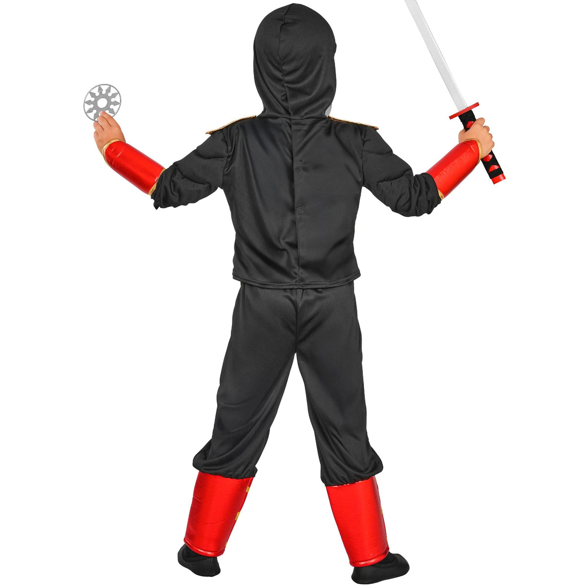 Child wearing a black ninja costume with red arm and leg guards, shown from the back while holding a sword and a small round accessory against a white background.