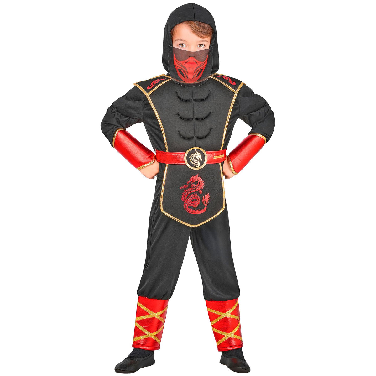 Front view of child in dragon ninja outfit showing padded muscle chest with gold trim, red dragon emblem, adjustable red belt with dragon buckle, red face mask and red-gold leg wraps