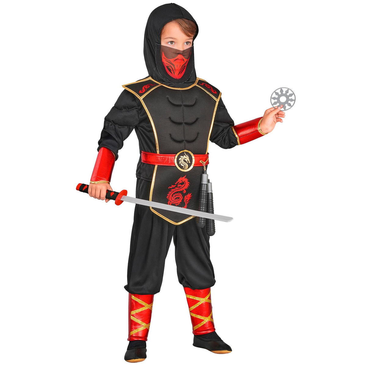 Child posing with sword and throwing star in full dragon ninja costume, showing front-facing view of hooded coat, padded chest, red and gold trim details and leg wraps
