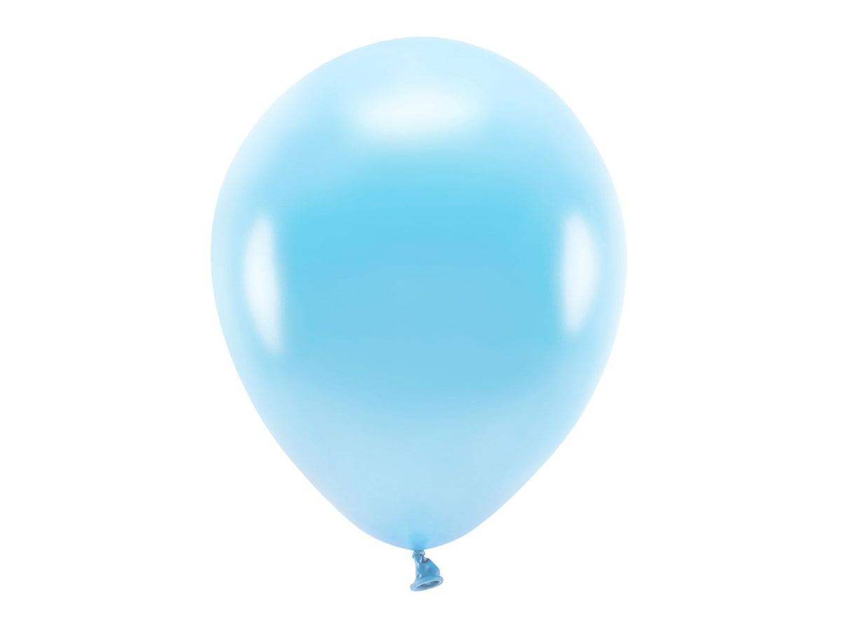 Single metallic light blue eco balloon, 30cm diameter, fully inflated showing shiny reflective finish and vibrant colour