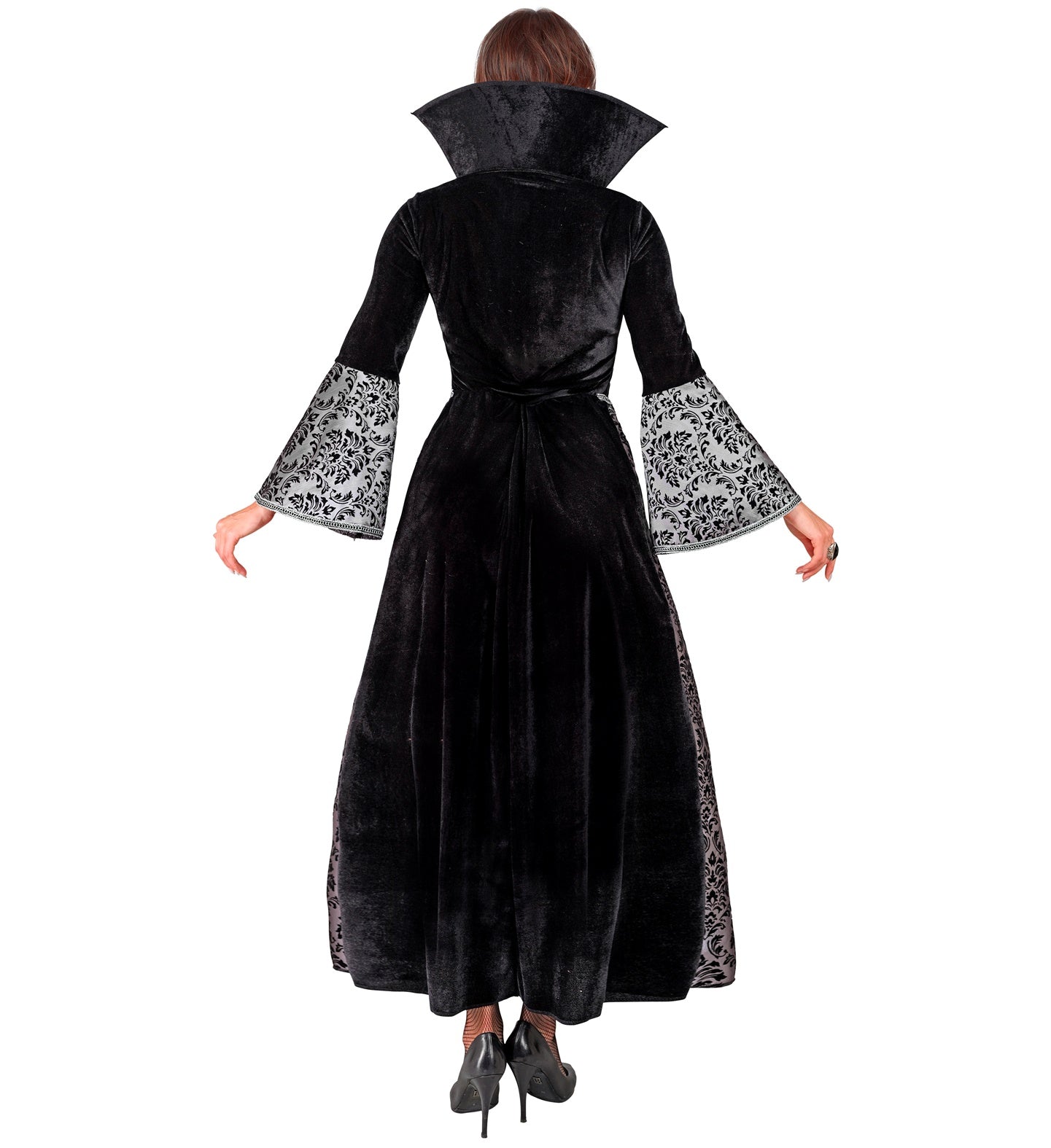 A back view of a person in an elegant vampiress costume, showing the full-length black velvet gown with a dramatic collar and silver damask patterned sleeves.