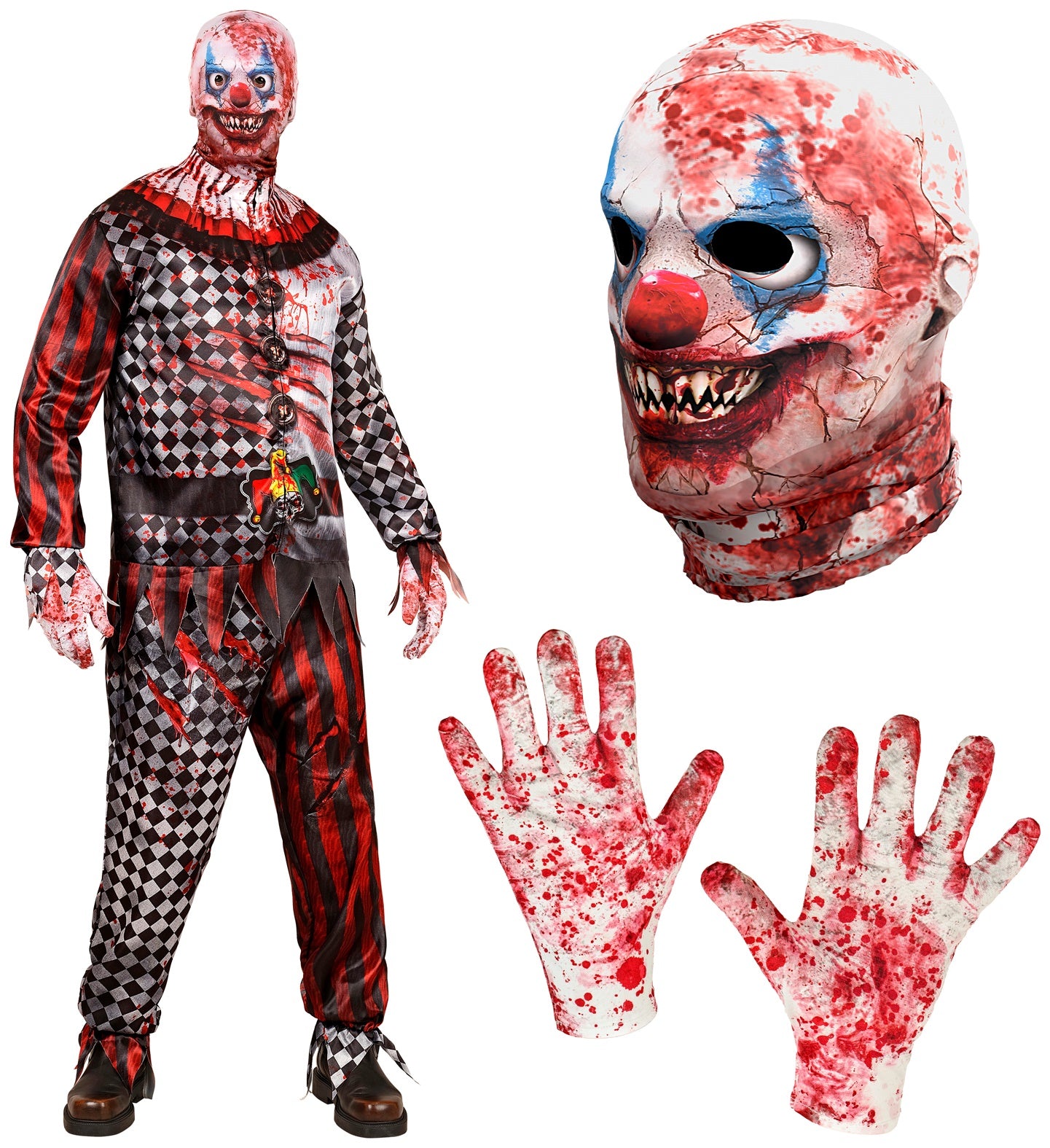 A collage of the adult evil clown costume, with close-ups of the gruesome full-head fabric mask and the bloody printed gloves.