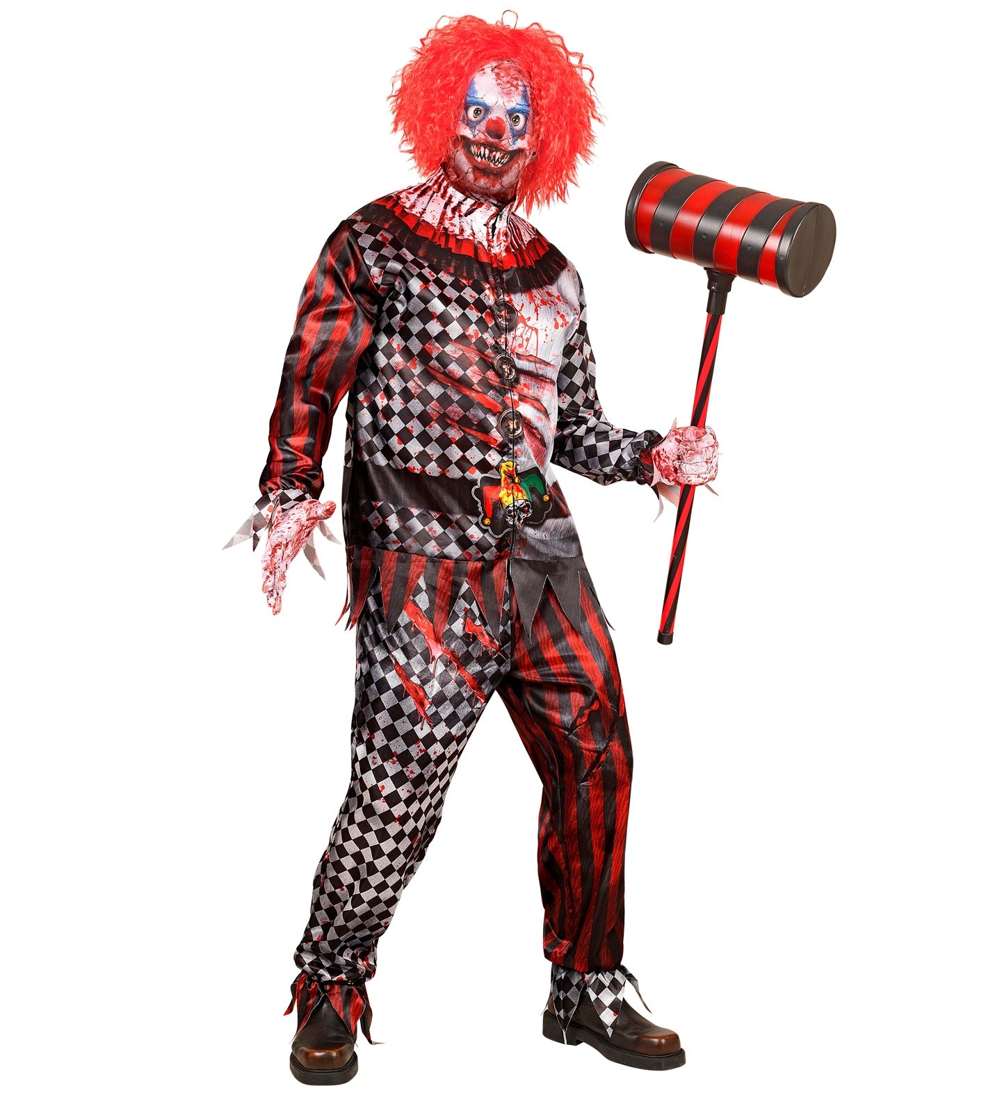 A man in the full evil killer clown costume holding a large prop hammer, showing the complete terrifying look.