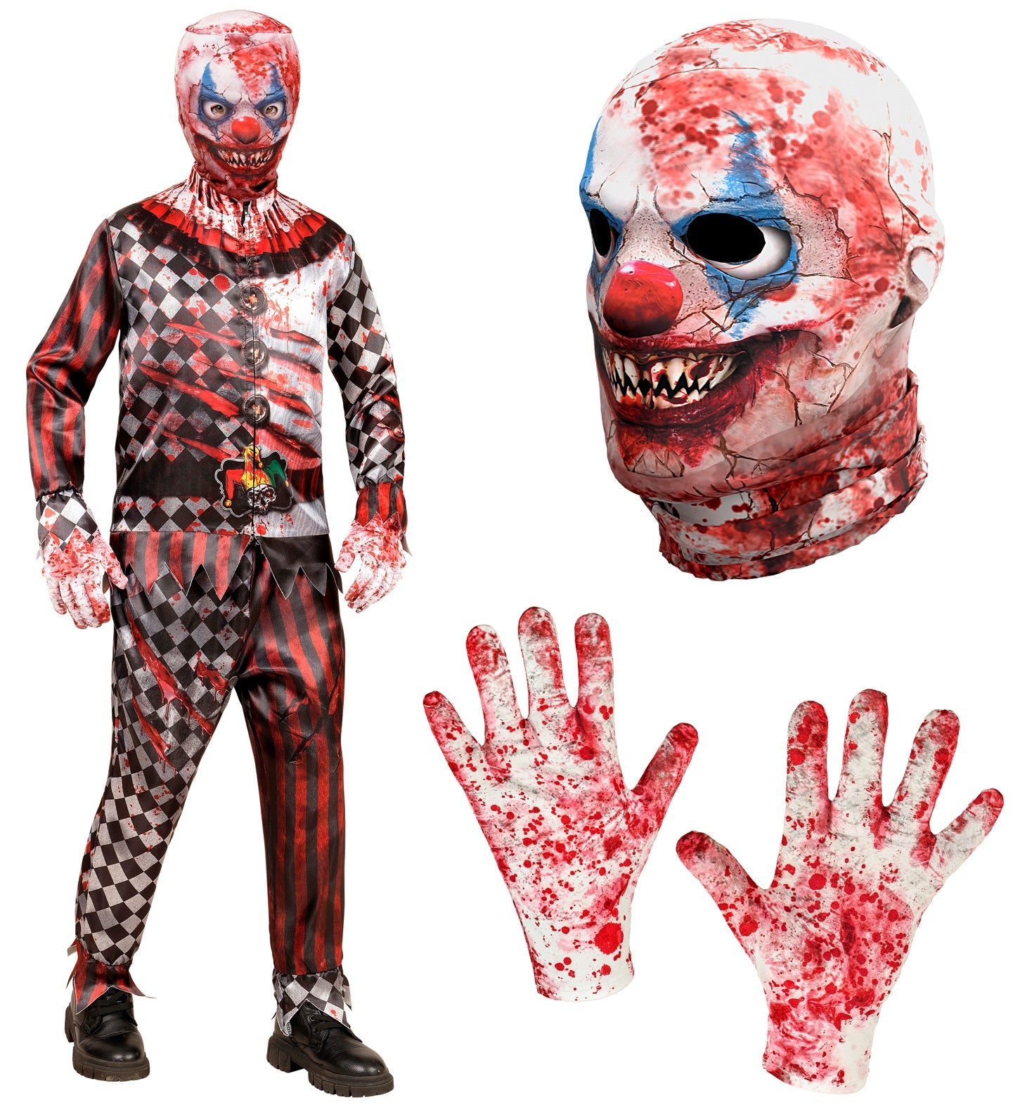 A collage of the child's evil clown costume, with close-ups of the gruesome full-head fabric mask and the bloody printed gloves.