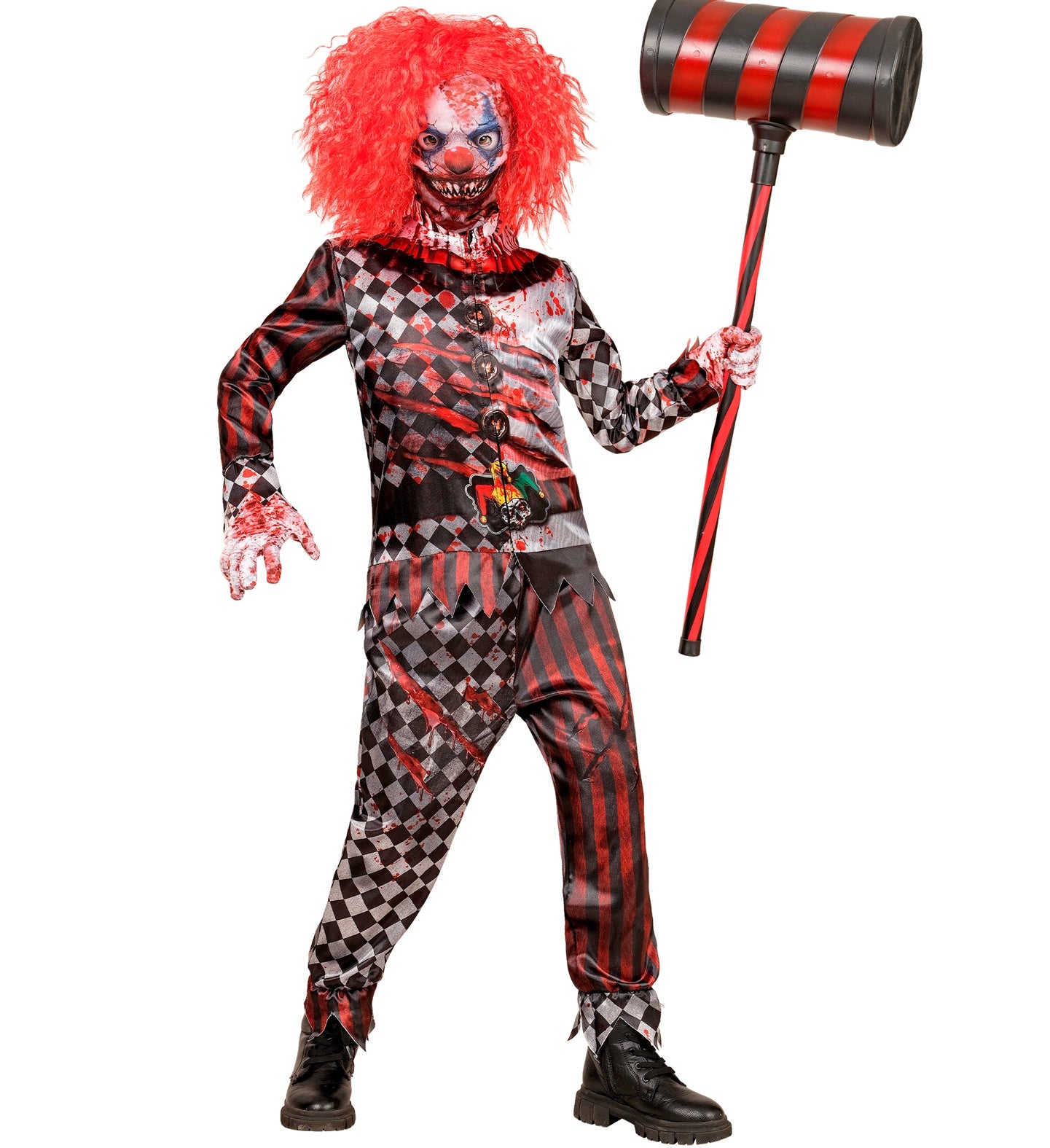 A child in the full evil killer clown costume holding a large prop hammer, wearing a red wig and the scary printed mask.