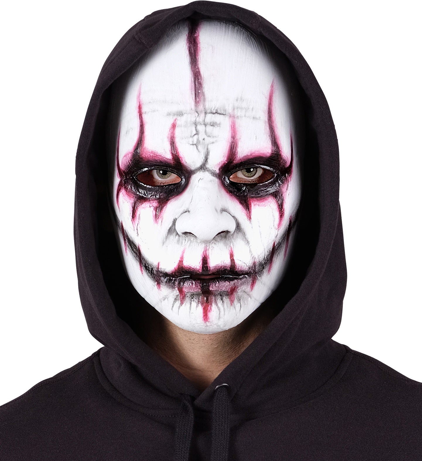 A person wearing the white evil joker mask for a slasher-style look, with the hood of a black sweatshirt pulled up.