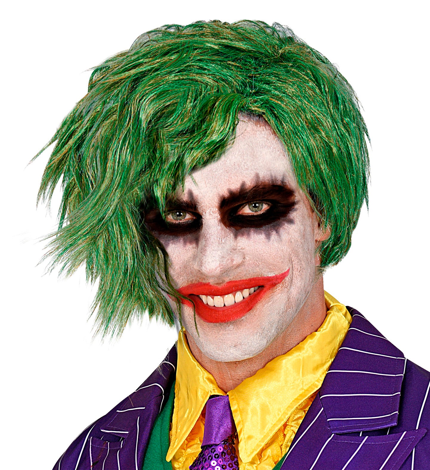 A man in Joker-style clown makeup smiles while wearing a messy, vibrant green wig and a purple pinstripe suit.