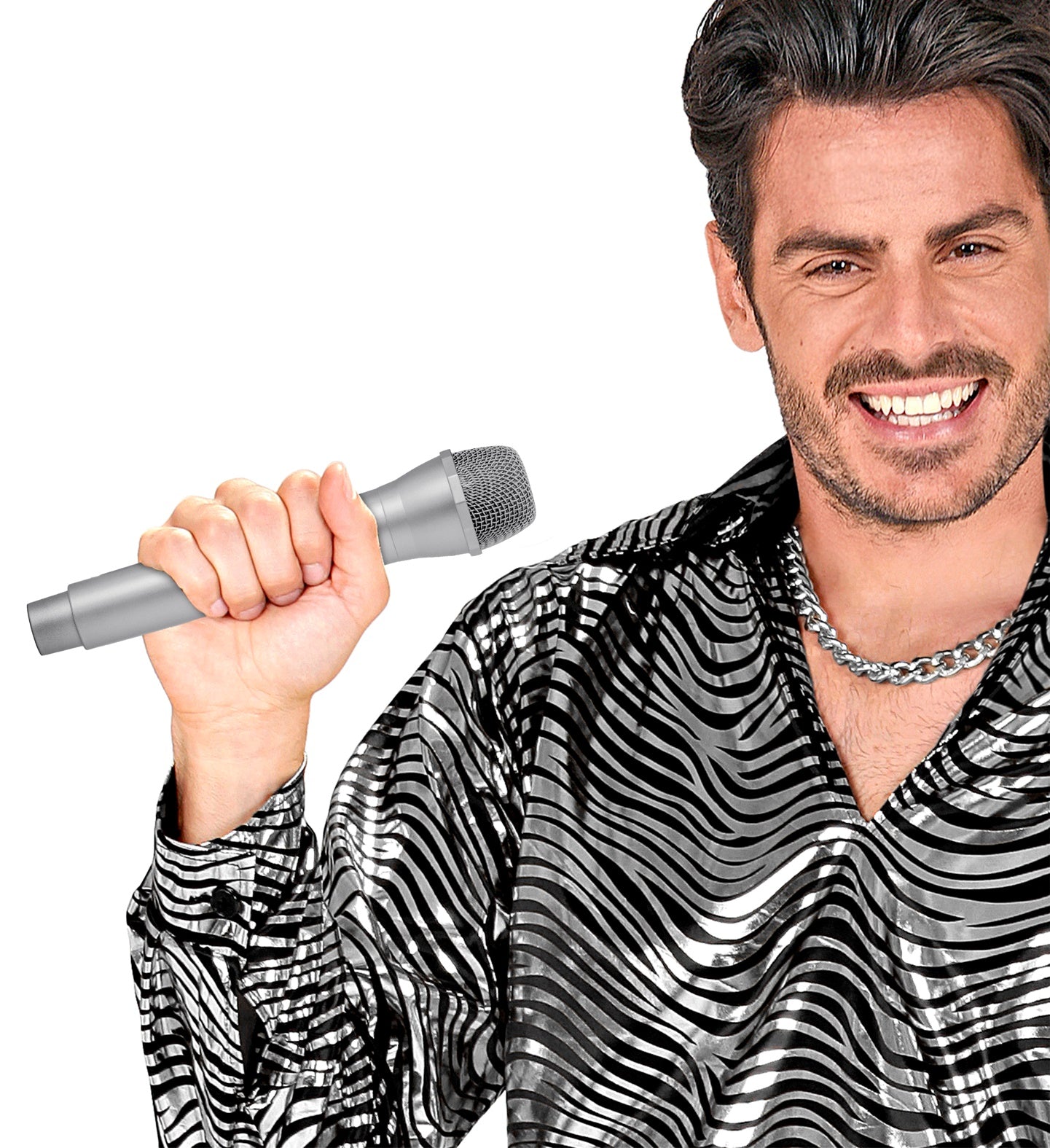 Singer costume accessory featuring a silver hand-held fake microphone for themed parties.