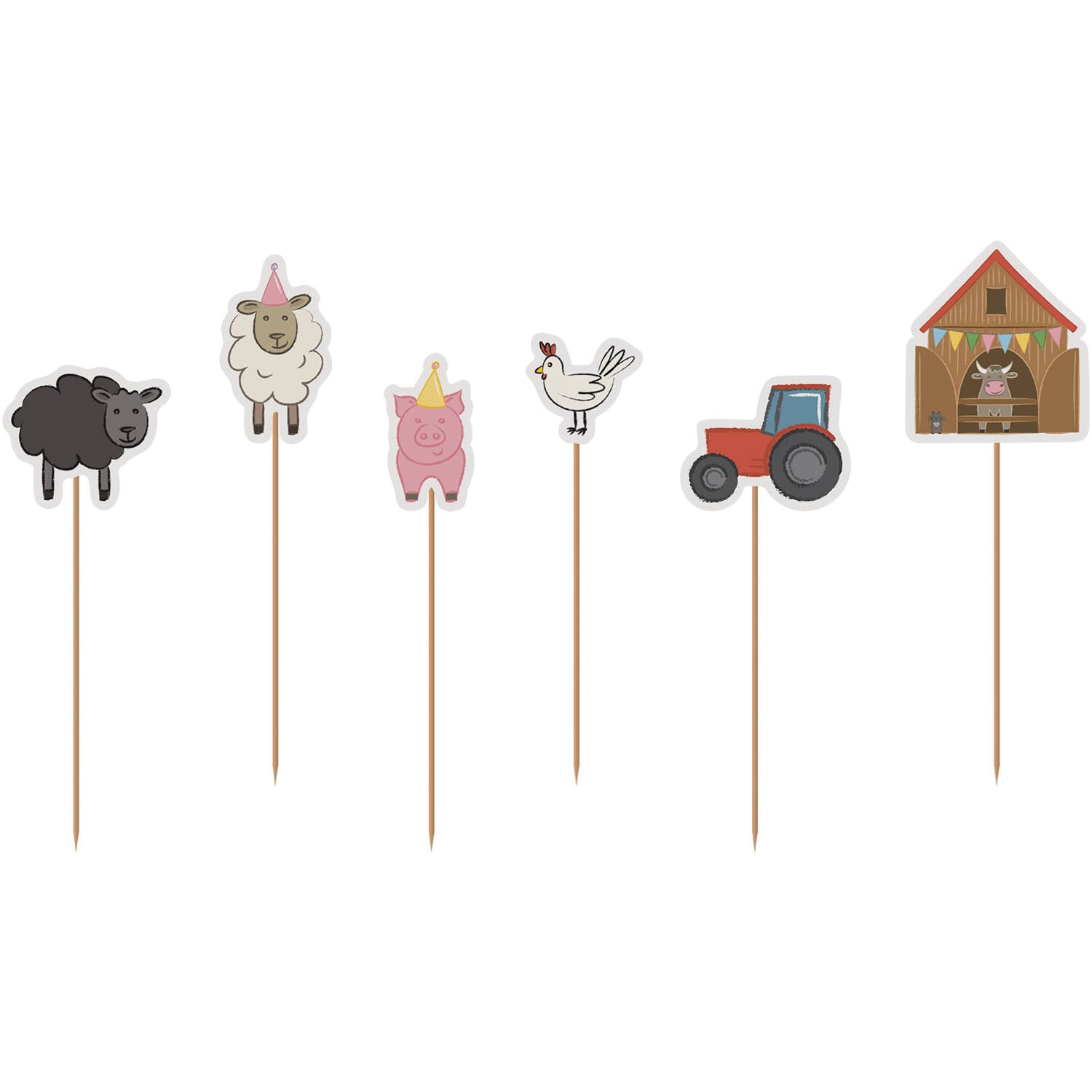 A set of six farm-themed party cake topper decorations on wooden picks, lined up on a white background. The cutouts feature a black sheep, a white sheep in a pink party hat, a pink pig in a yellow party hat, a chicken, a red tractor, and a wooden barn with a cow inside.