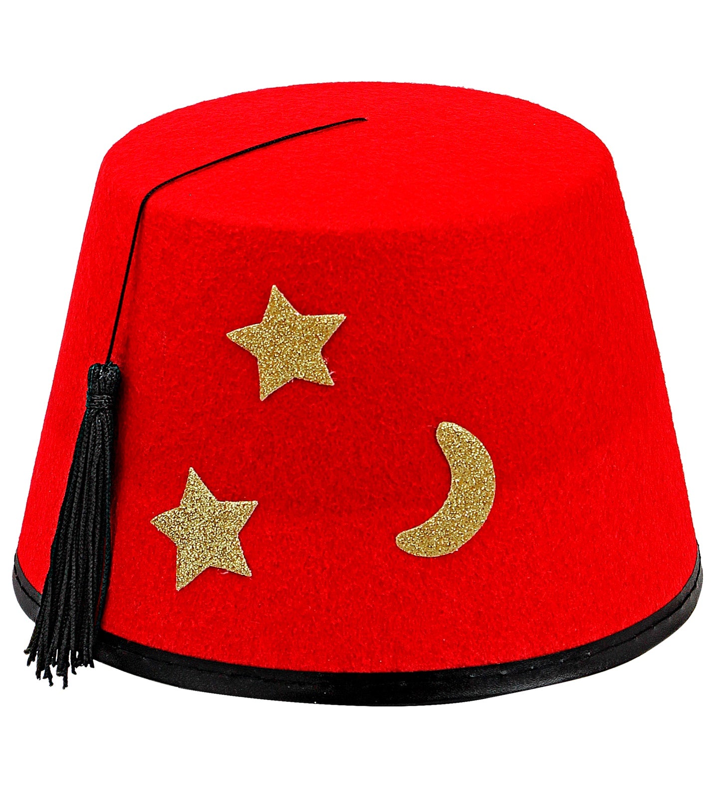 Close-up view of the red Fez hat highlighting the black tassel, black base trim, and sparkling gold celestial motifs.