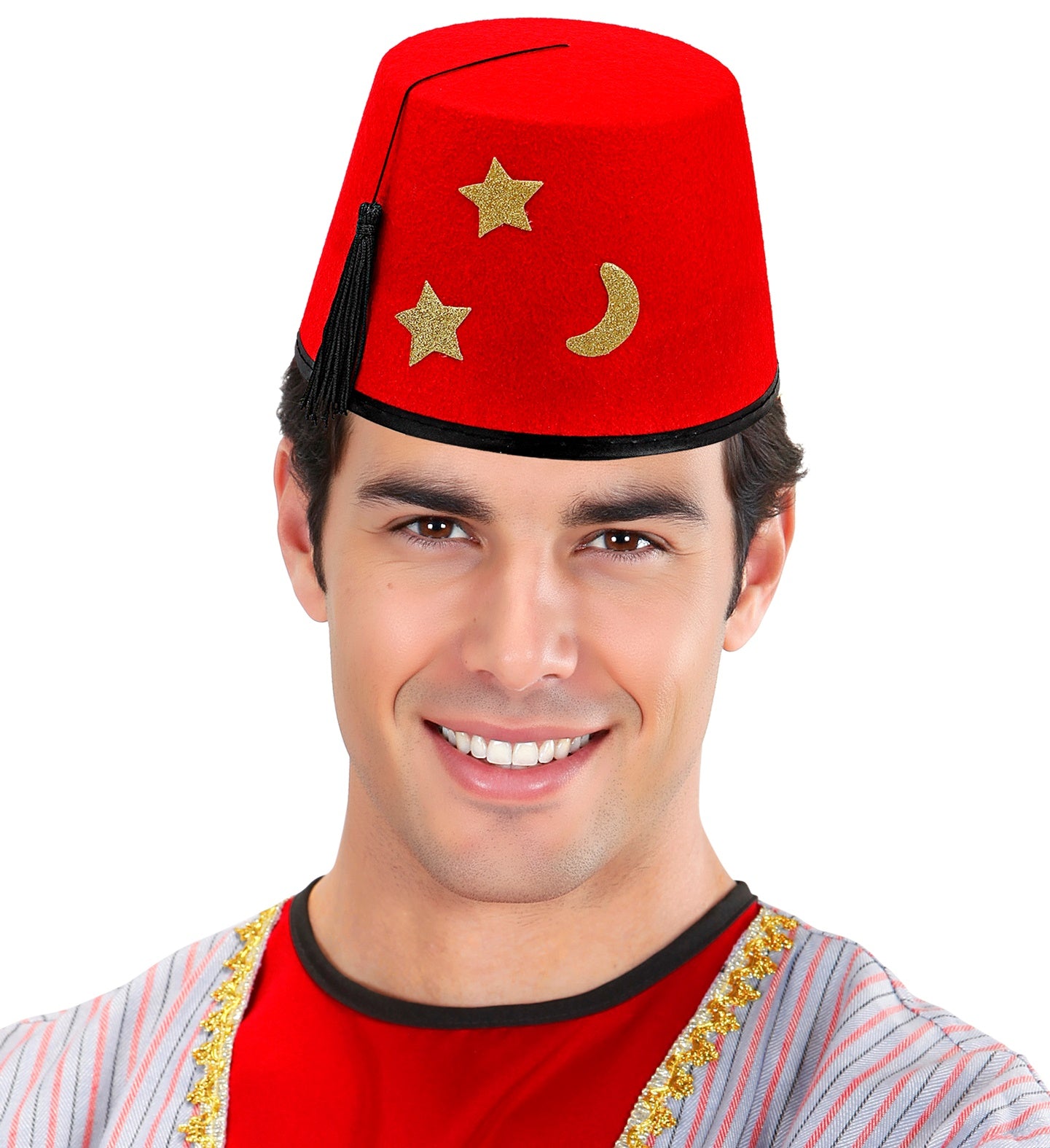 A smiling man wearing the iconic red Fez hat with black tassel, perfect for street performer or Aladdin-themed costumes.
