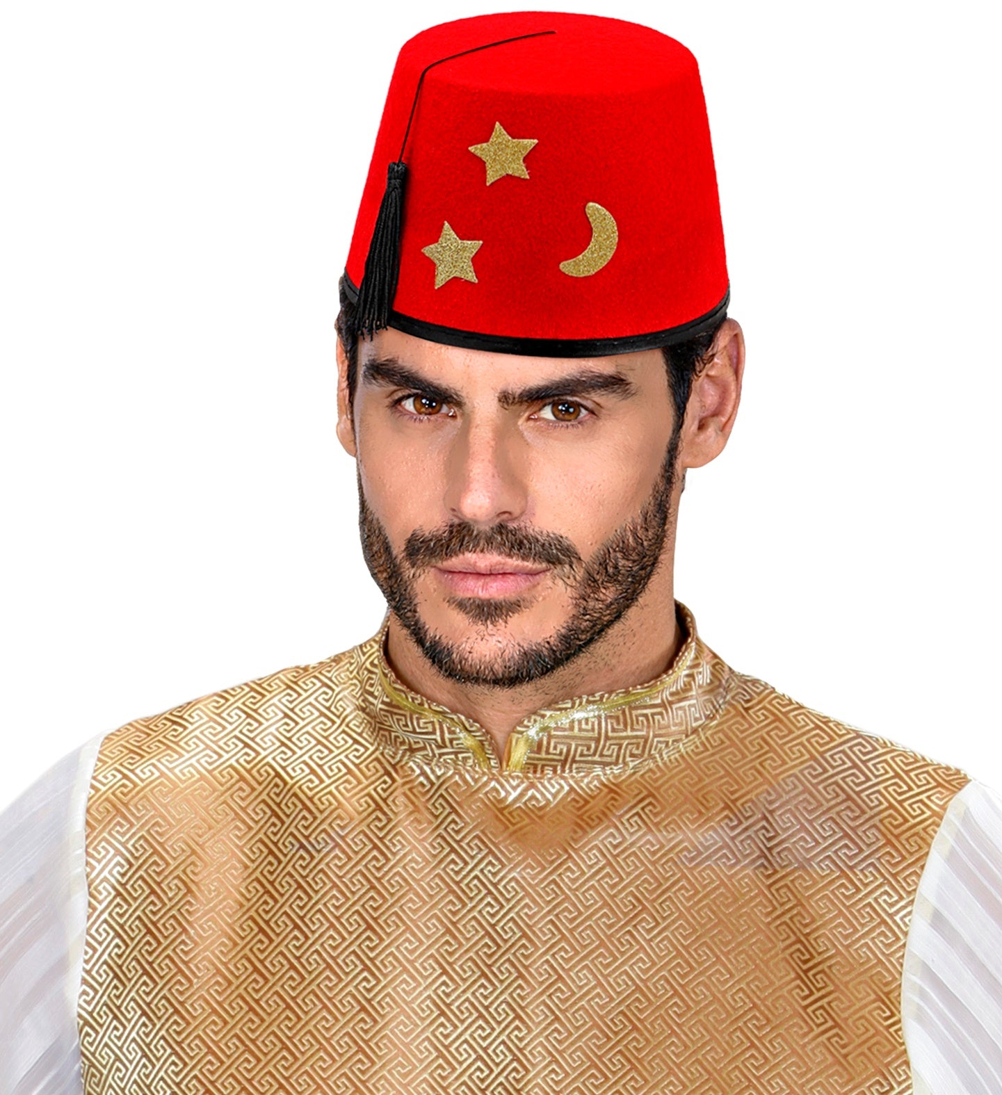 A man wearing a red felt Fez hat with gold glitter stars and a moon, paired with a shimmering gold patterned costume.