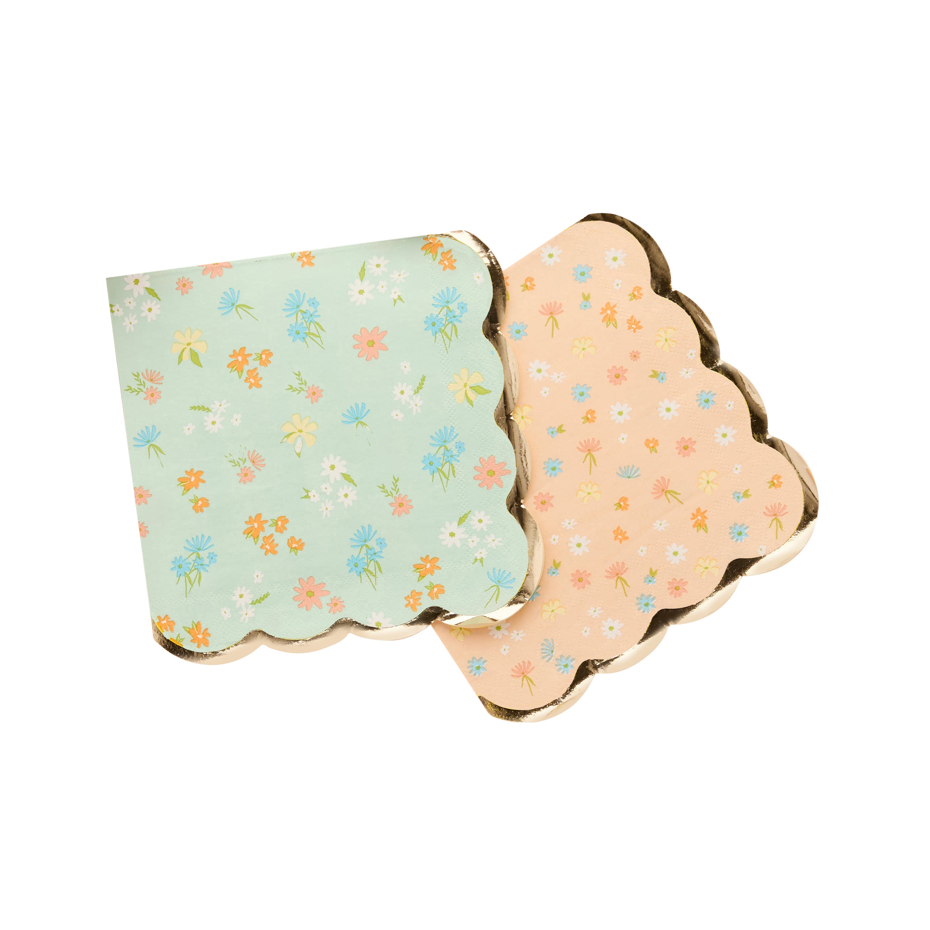 Pack of 16 floral paper napkins in mint green and peach with gold-foiled scalloped edges.