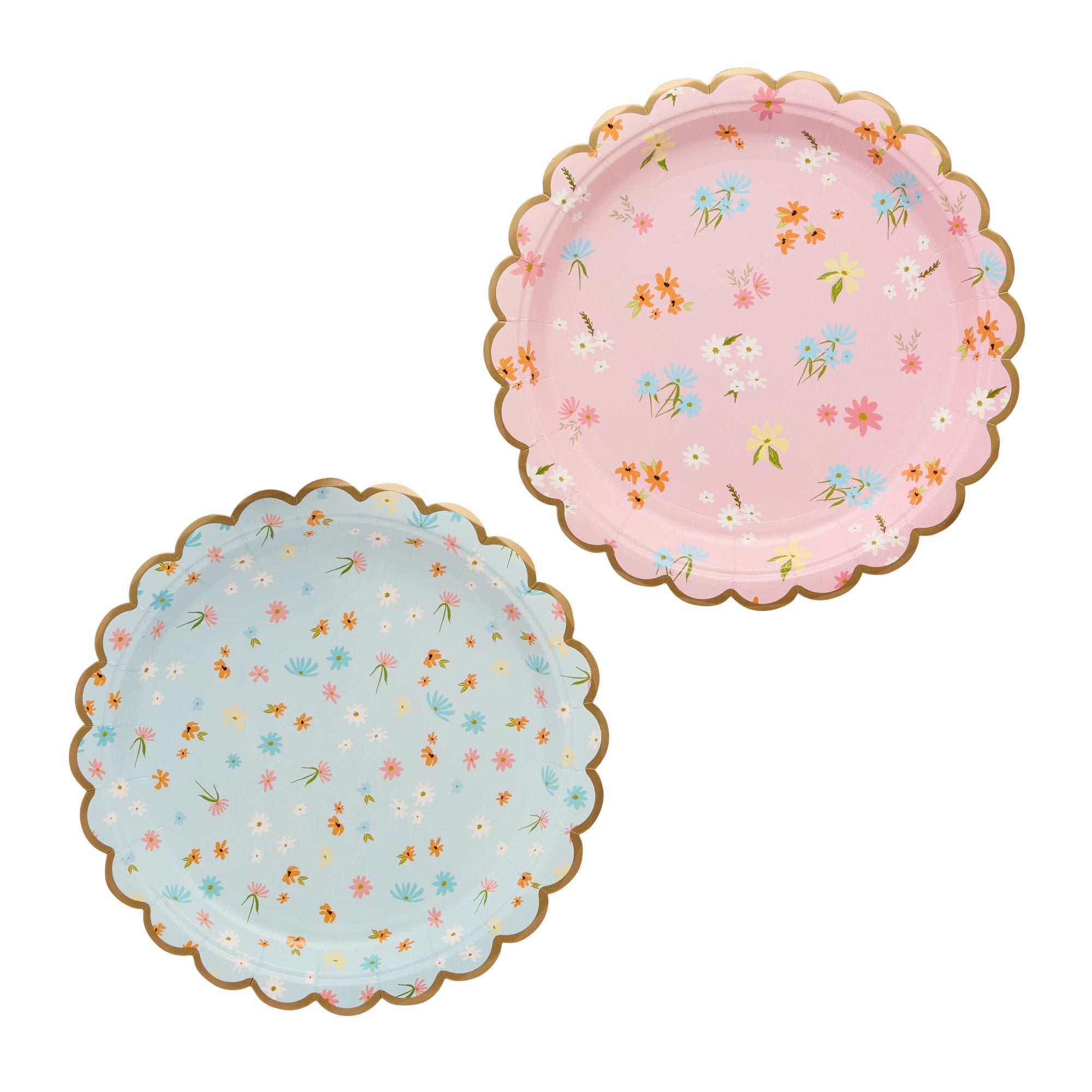Pack of 8 floral paper plates in pink and light blue with scalloped gold-foiled edges.
