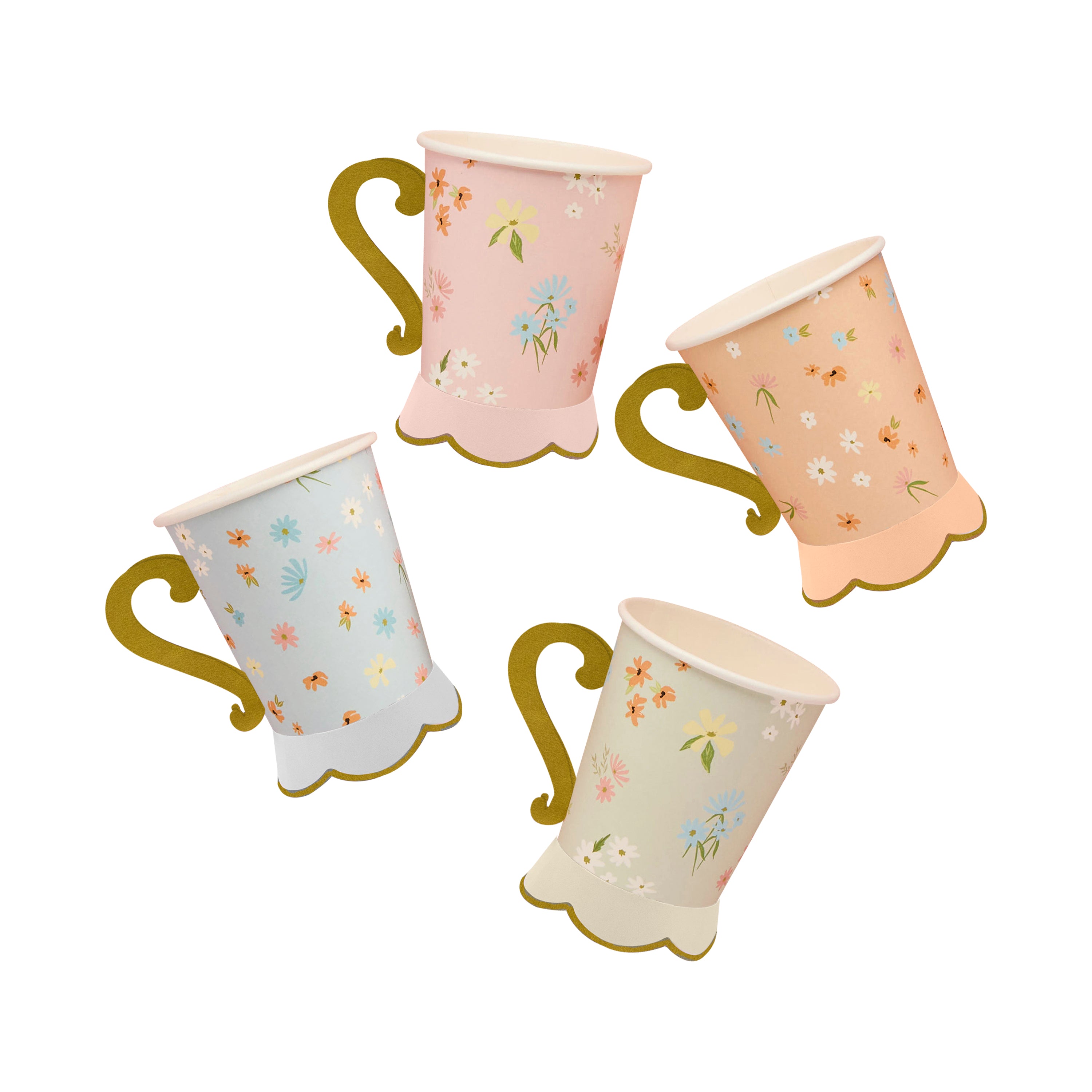 Pack of 8 pastel floral paper cups with 3D gold foil handles and scalloped bases.