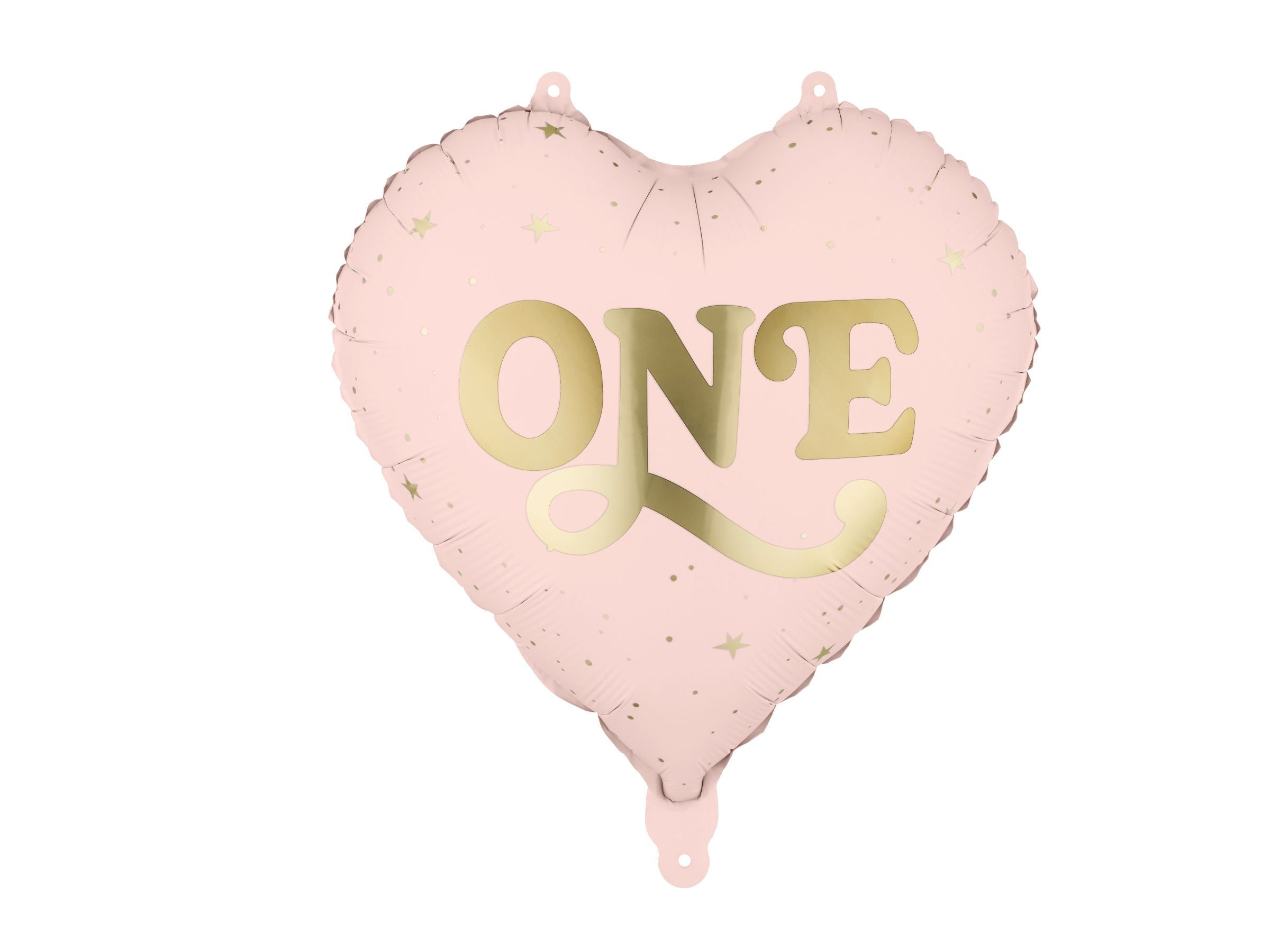 A light pink heart-shaped foil balloon decorated with tiny gold stars and a large, elegant metallic gold 'ONE' printed in the center, isolated on a white background.