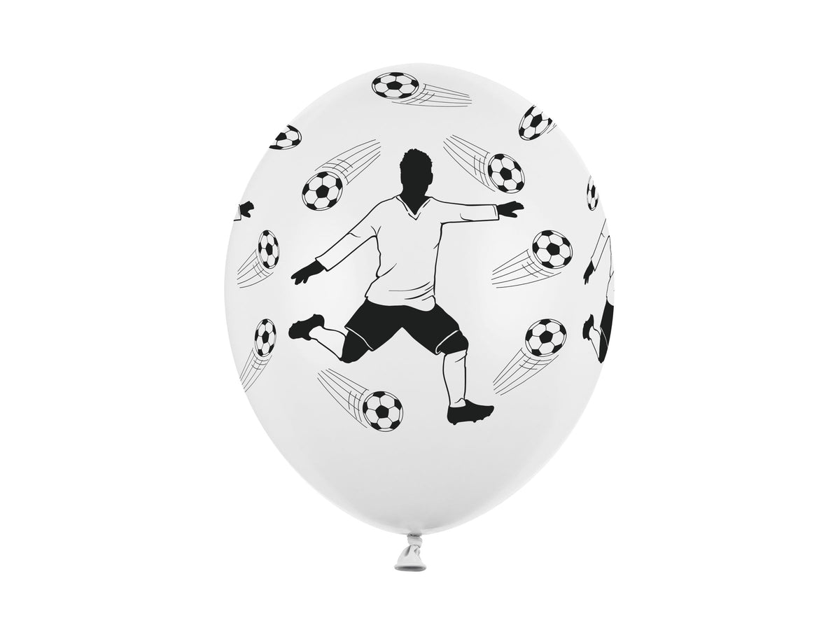 White balloon with black and white soccer-themed design on a white background