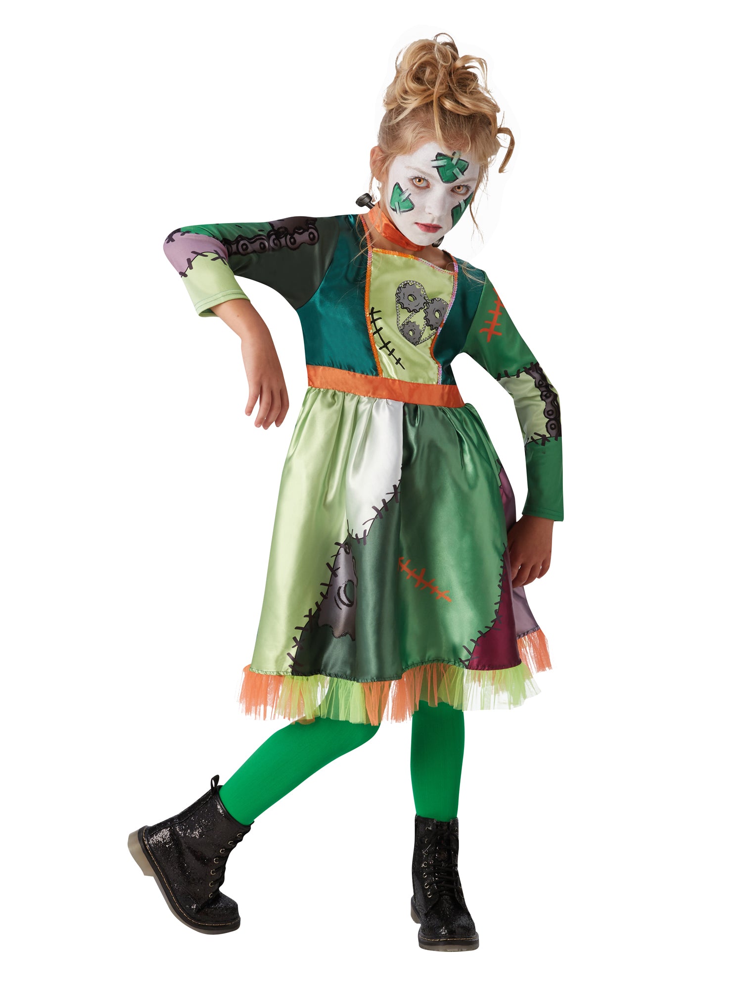 Frank'n Girl Frankenstein costume for kids, featuring a patchwork print dress with gears and stitching, and green tights.