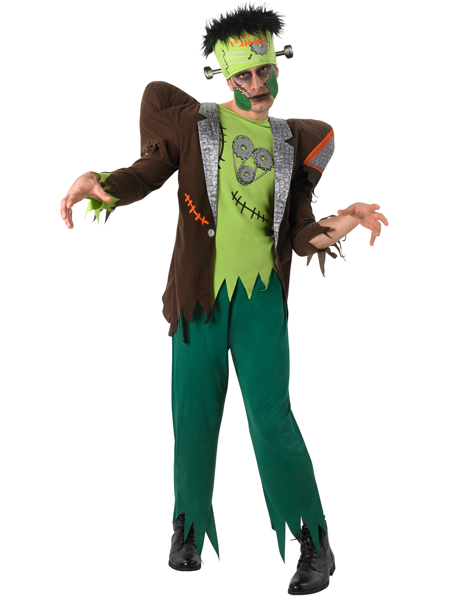 Man wearing a Frankenstein costume, featuring a brown printed top with padded shoulders, green t-shirt, green trousers, and a Frankenstein headpiece.