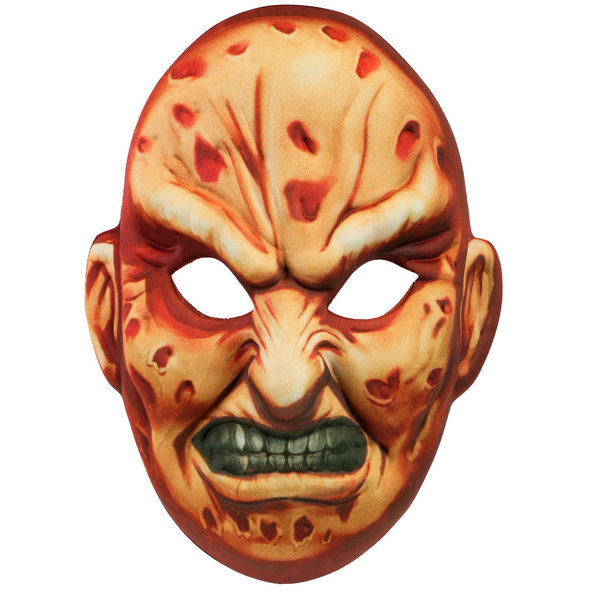 A straight-on isolated product shot of a stiff EVA fabric Freddy style face mask featuring realistic burn shading, cut-out eye holes, and creepy raised greenish teeth.